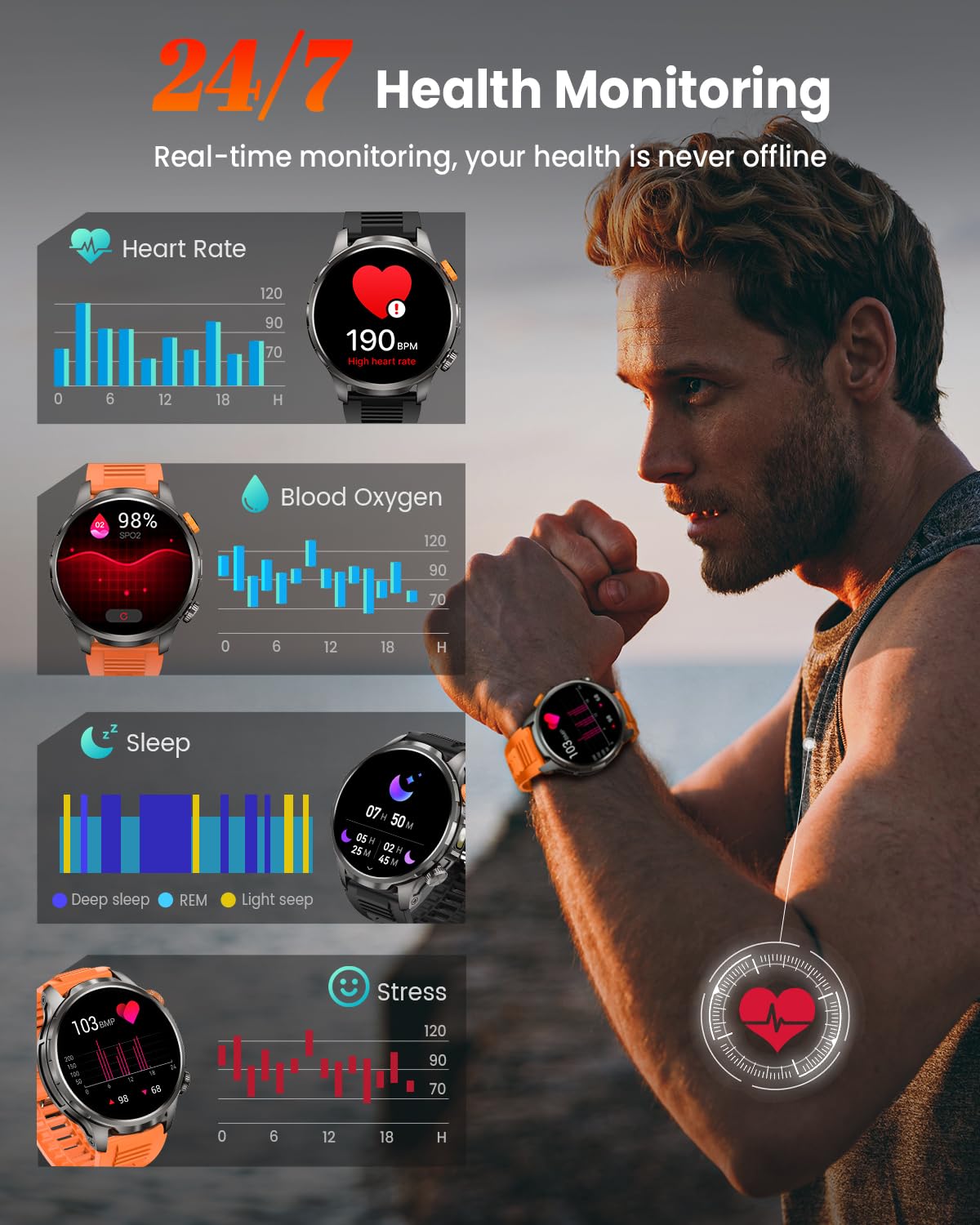 NAIXUES Military Smartwatch for Men 1000mAh Fitness Tracker Rugged Men - View 2