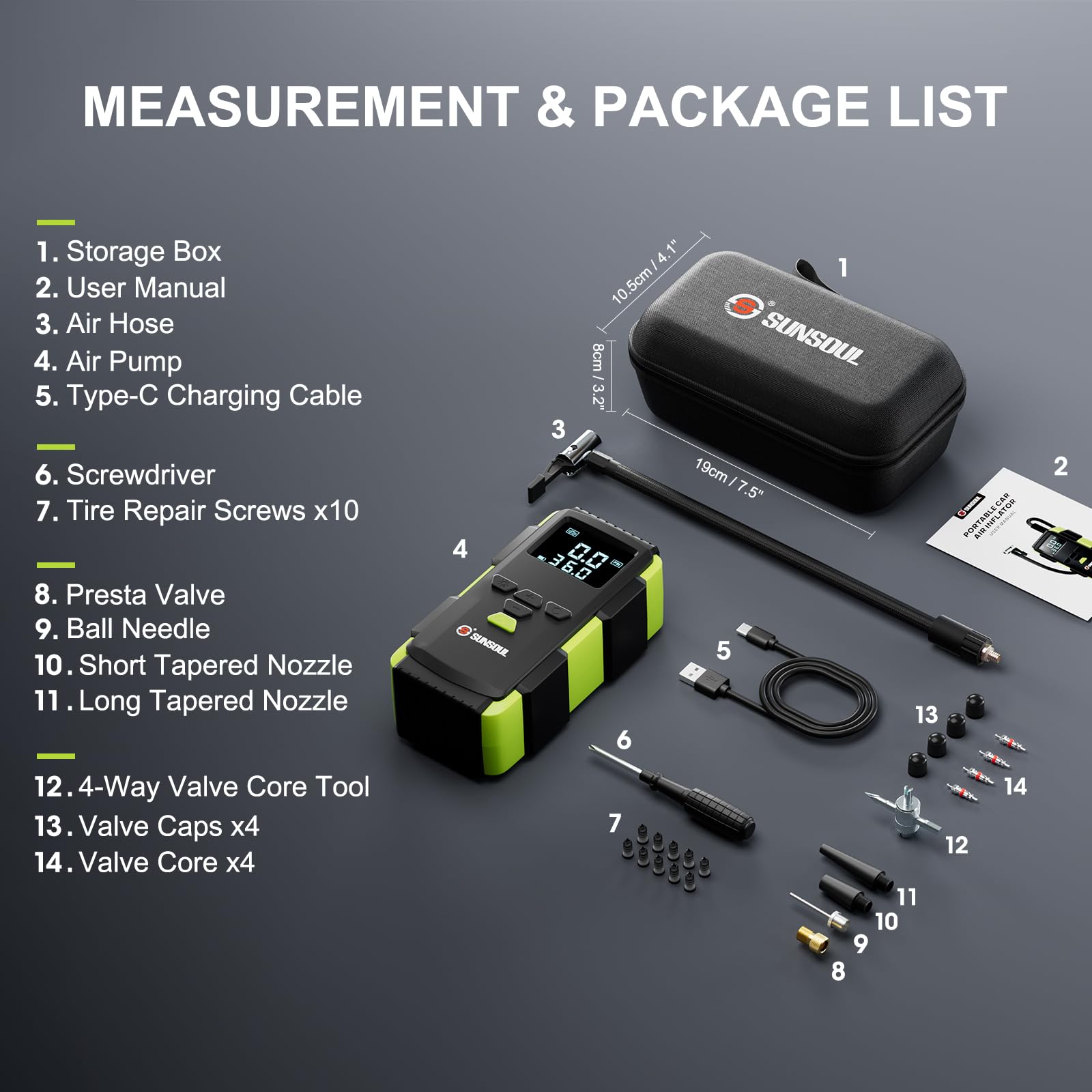 SUNSOUL Tire Inflator Portable Air Compressor with Tire Repair Ki - SUNSOUL Official Product View 2