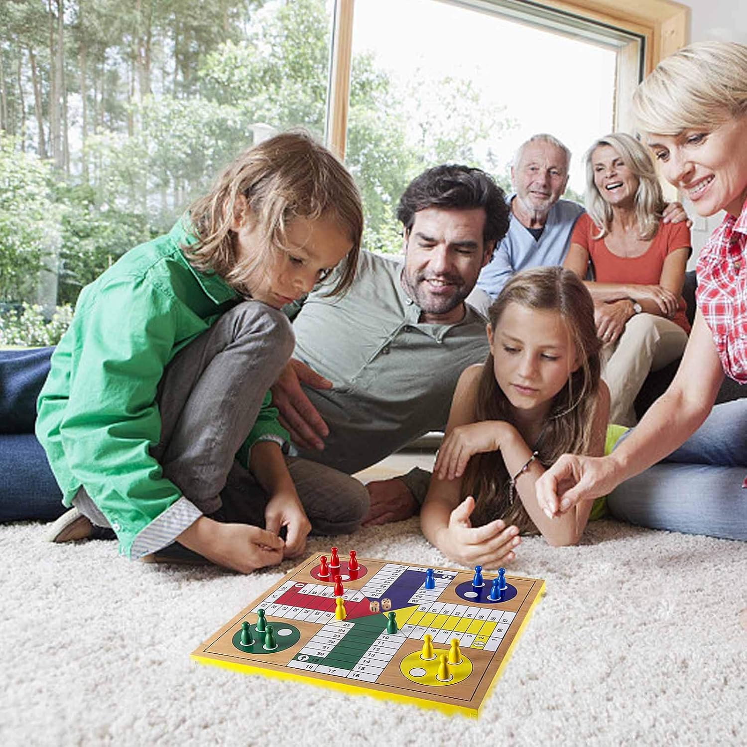 AMEROUS 12-inch wooden Ludo and Snakes and Ladders board game with colorful game pieces on a wooden surface.
