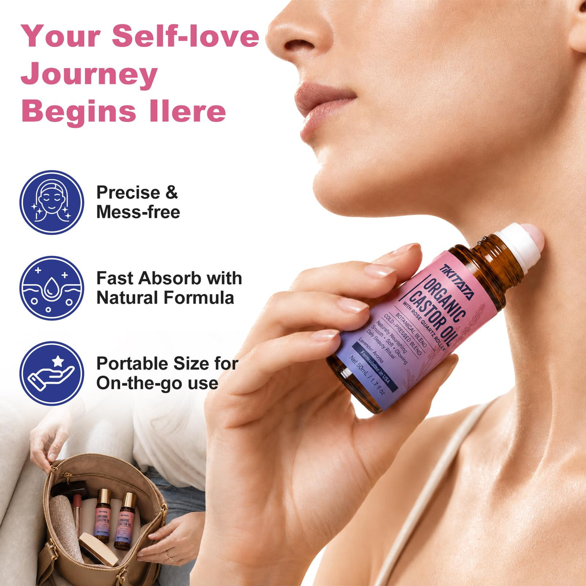 Organic Castor Oil Rose Quartz Roller Ball 100 Cold Pressed - TIKITATA Official Imagery - 5