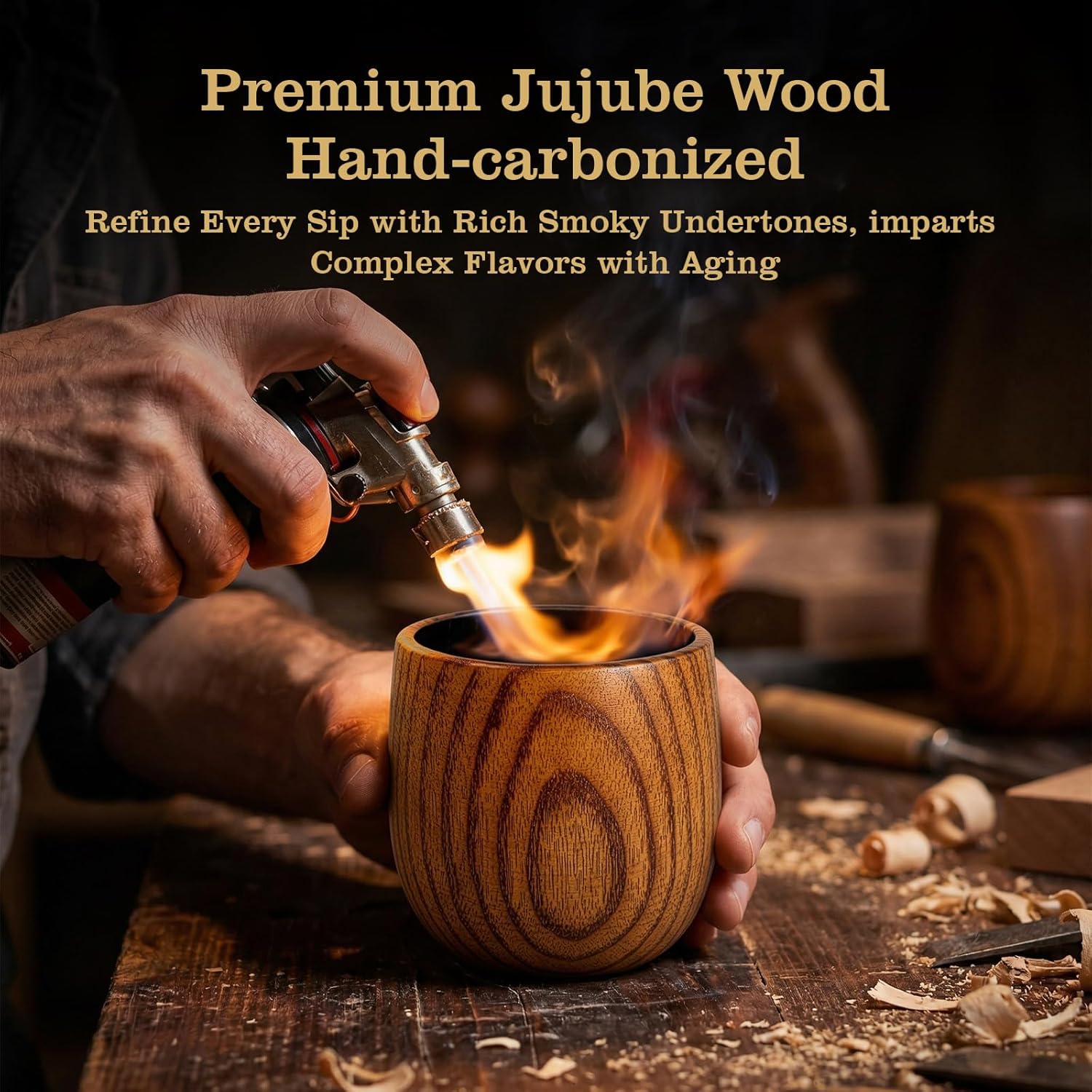 Charred wooden whiskey glasses from GrlGrl, rustic old-fashioned bourbon drinking cups with a charred wood finish.