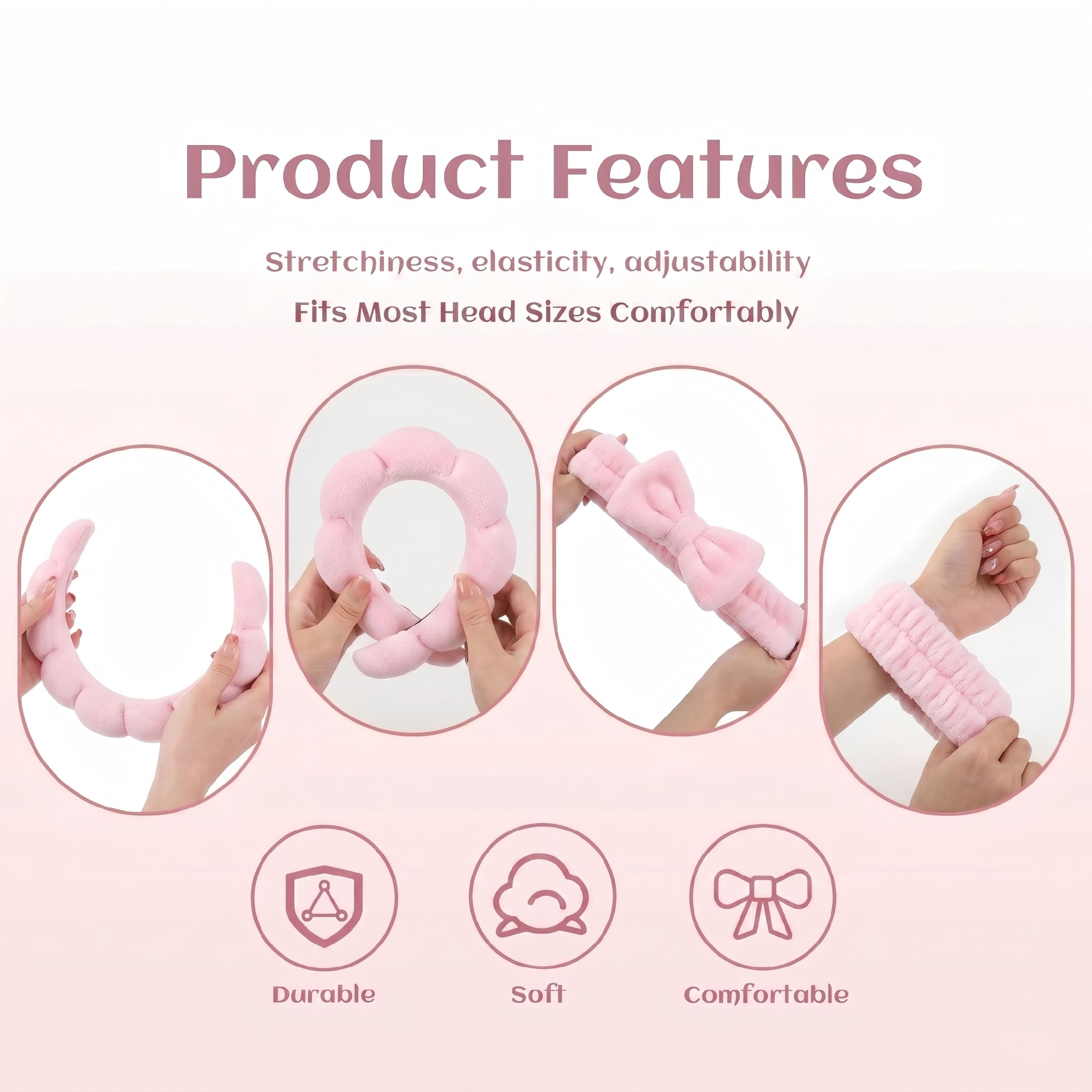 ATROCH Makeup Headband for Washing Face Wristband Set, Pink - View 6