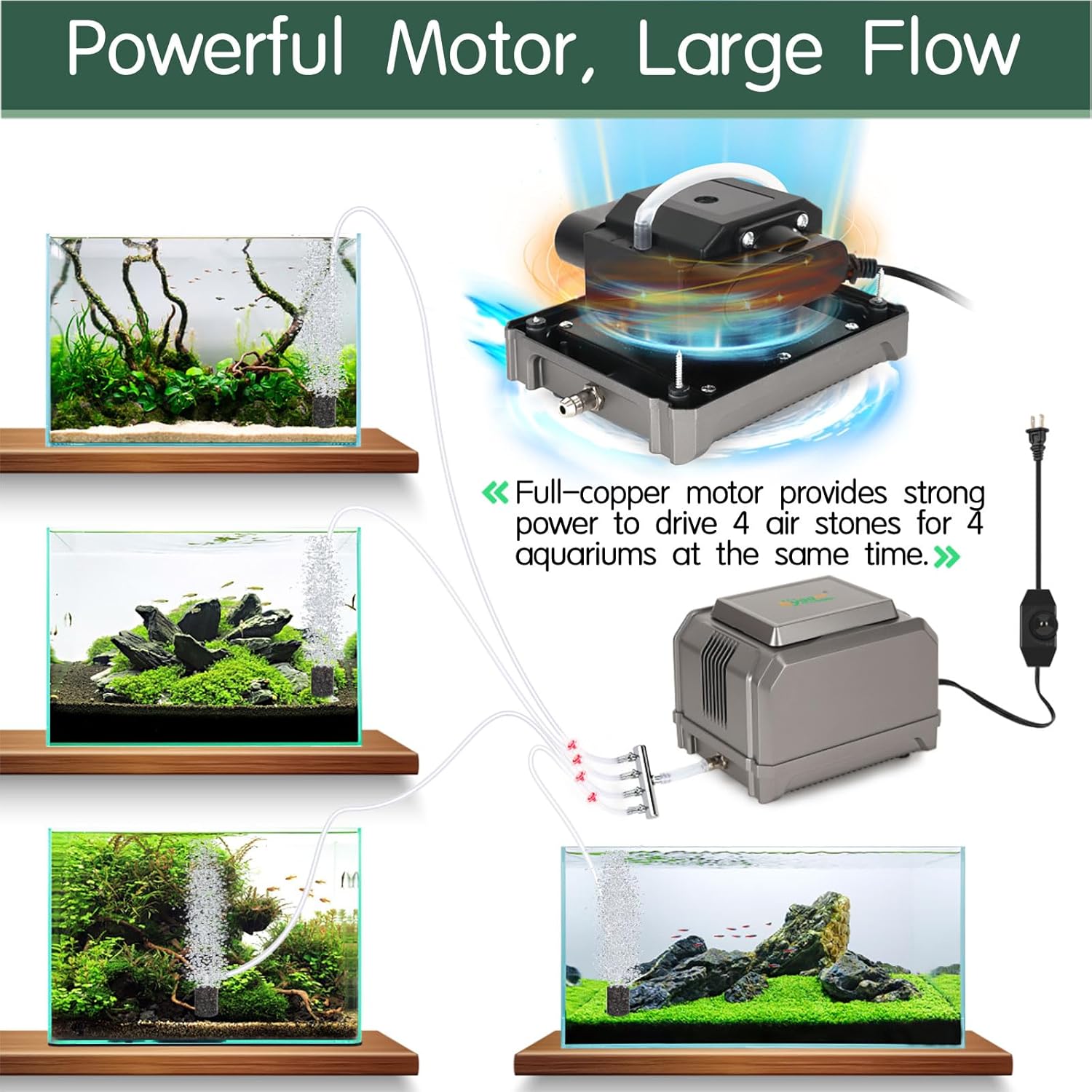 hygger Aquarium Air Pump 10W with adjustable pressure for fish tanks, compact and powerful air pump for aeration.