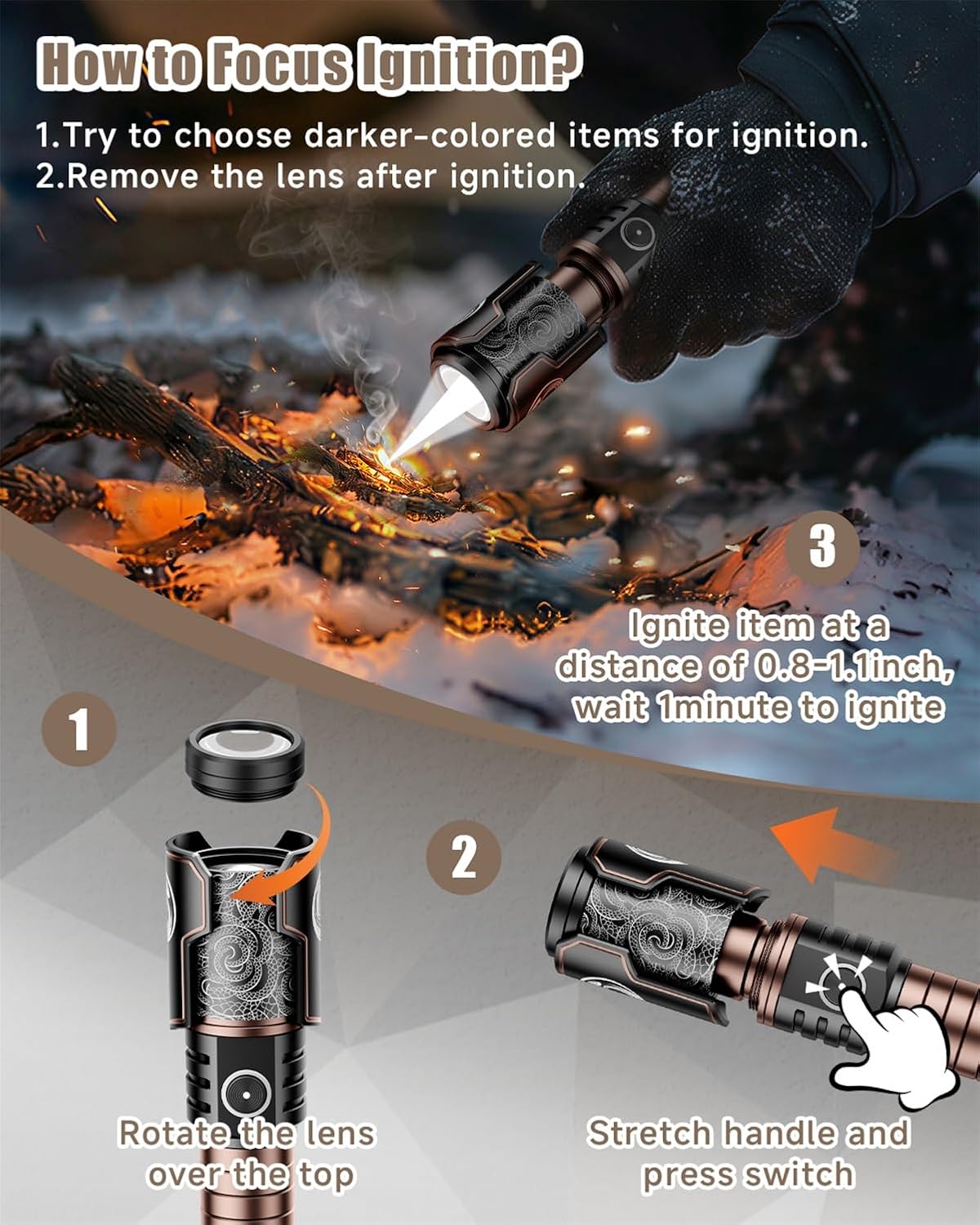 SKYFIRE rechargeable LED flashlight with high lumens, tactical design, and powerful beam for outdoor and emergency use.