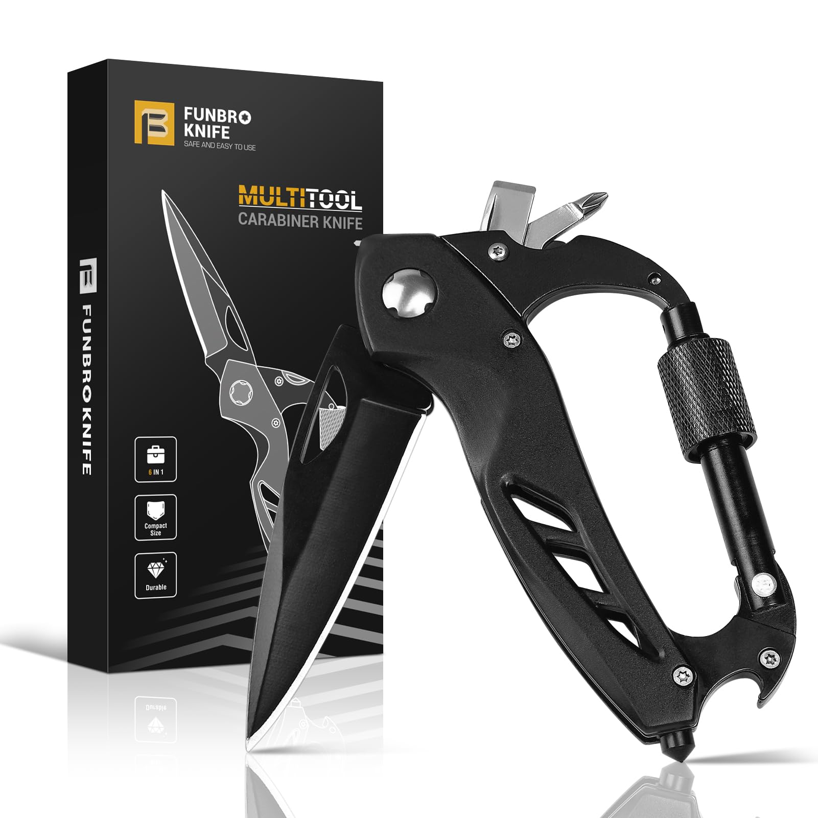 Multitool Carabiner with Pocket Knife, Bottle Opener - Product Imagery