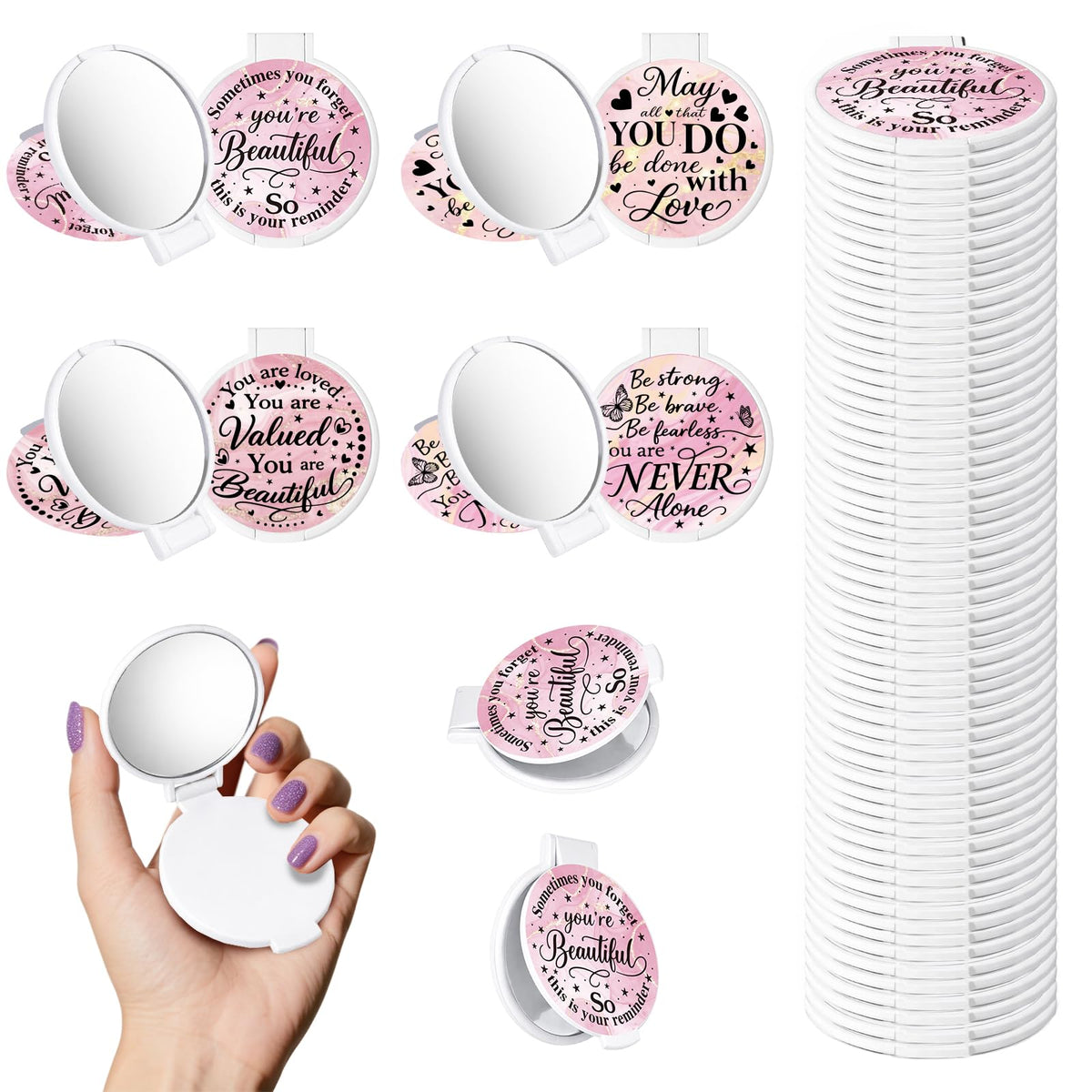 100Pcs Round Folding Hand Compact Mini Pocket Mirrors Bulk - GLASSWINDS Official Imagery - 2