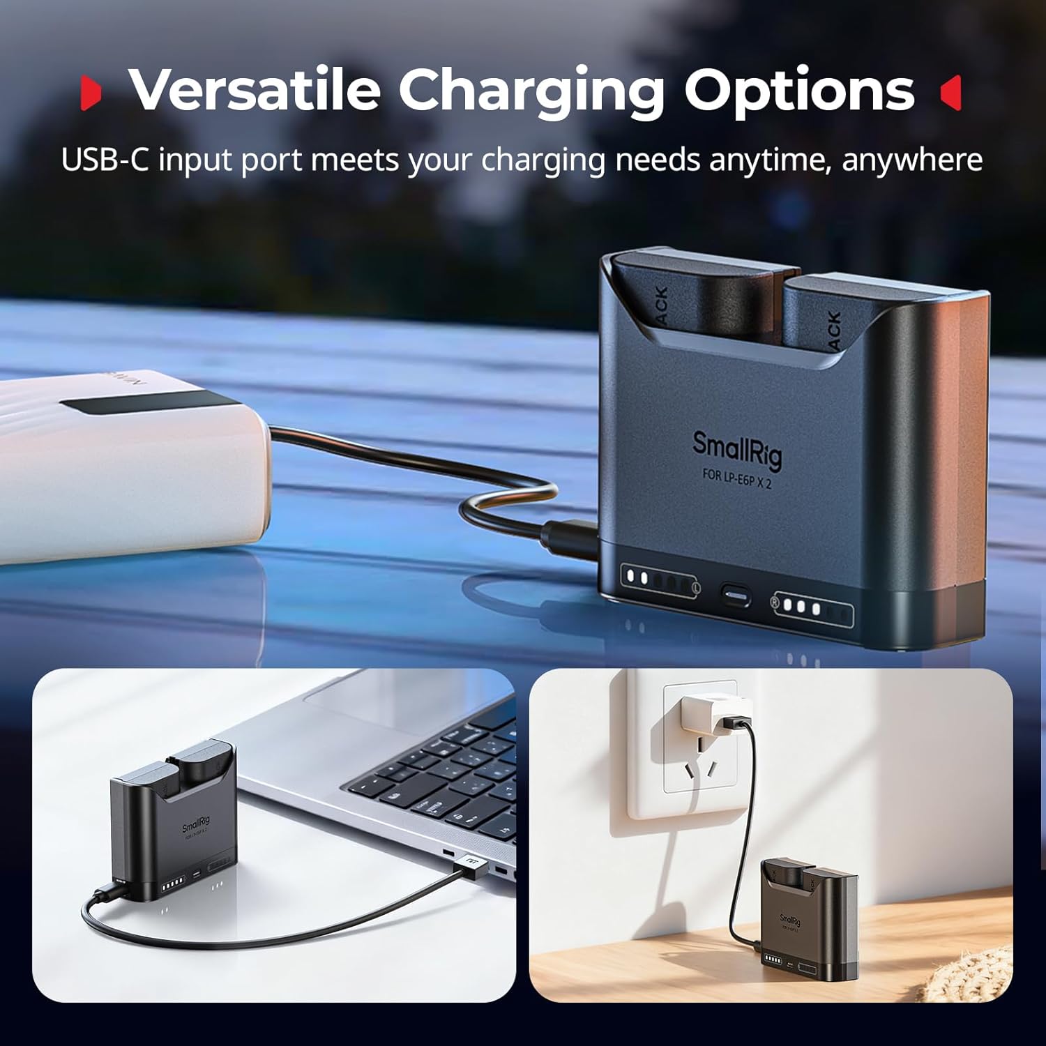 SMALLRIG LP-E6P LP-E6NH LP-E6N battery charger for Canon cameras, dual slot design, compact and efficient charging device