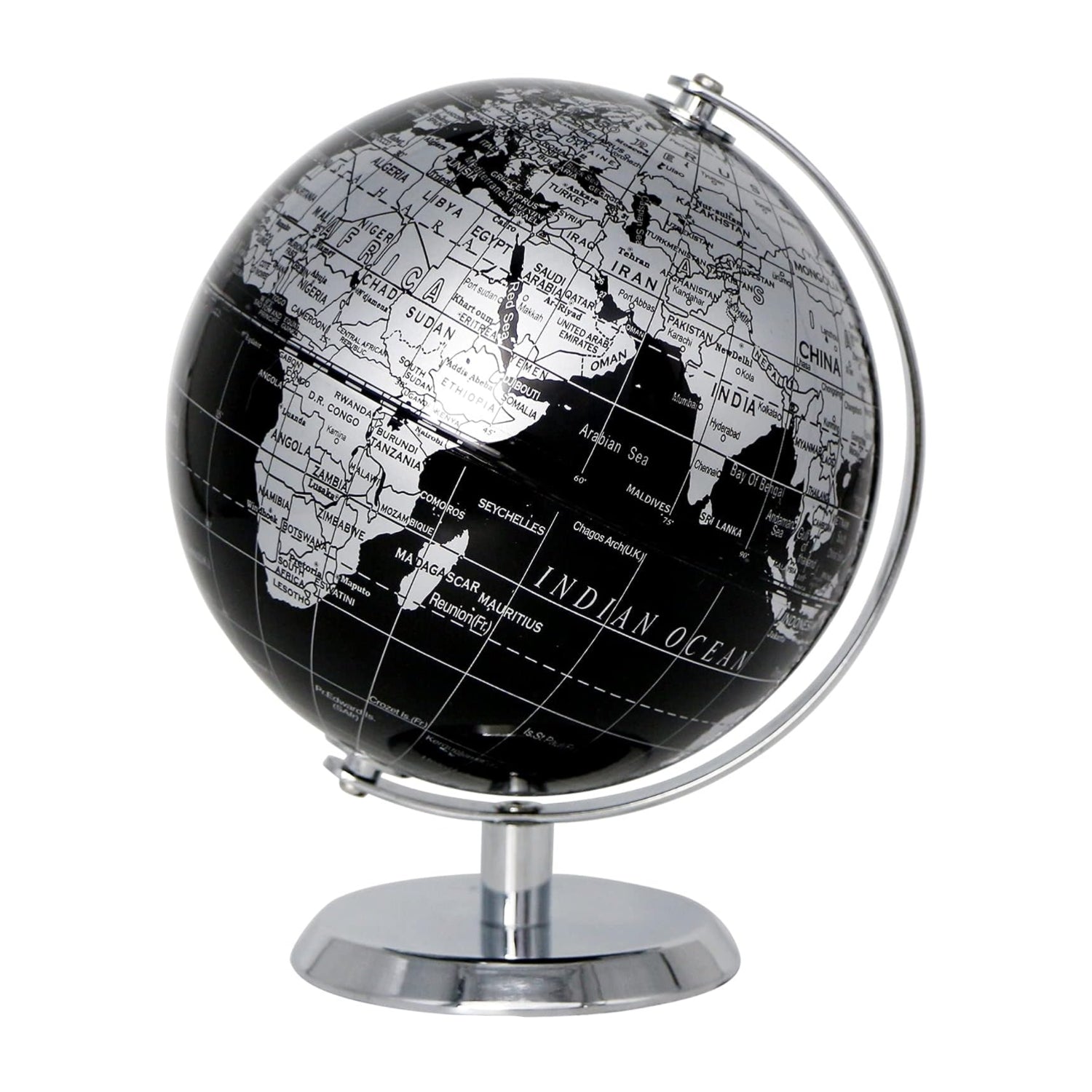 Exerz 10-inch black world globe with stainless steel arc and base, showing continents and geographical details.