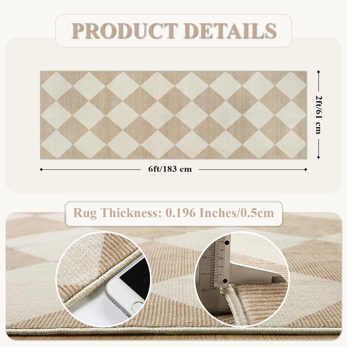 Checkered Print Carpet Runners for Hallway 6ft Beige Ultra - Beeiva Official Imagery - 3