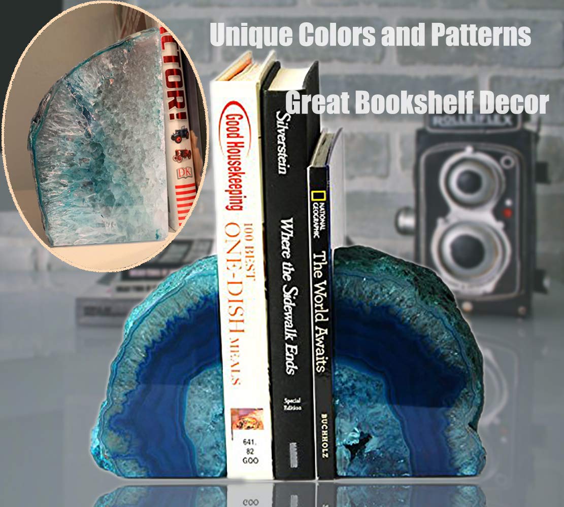 Agate Geode Bookends Heavy Duty Teal Crystal Stone Book - AMOYSTONE Official Imagery - 3