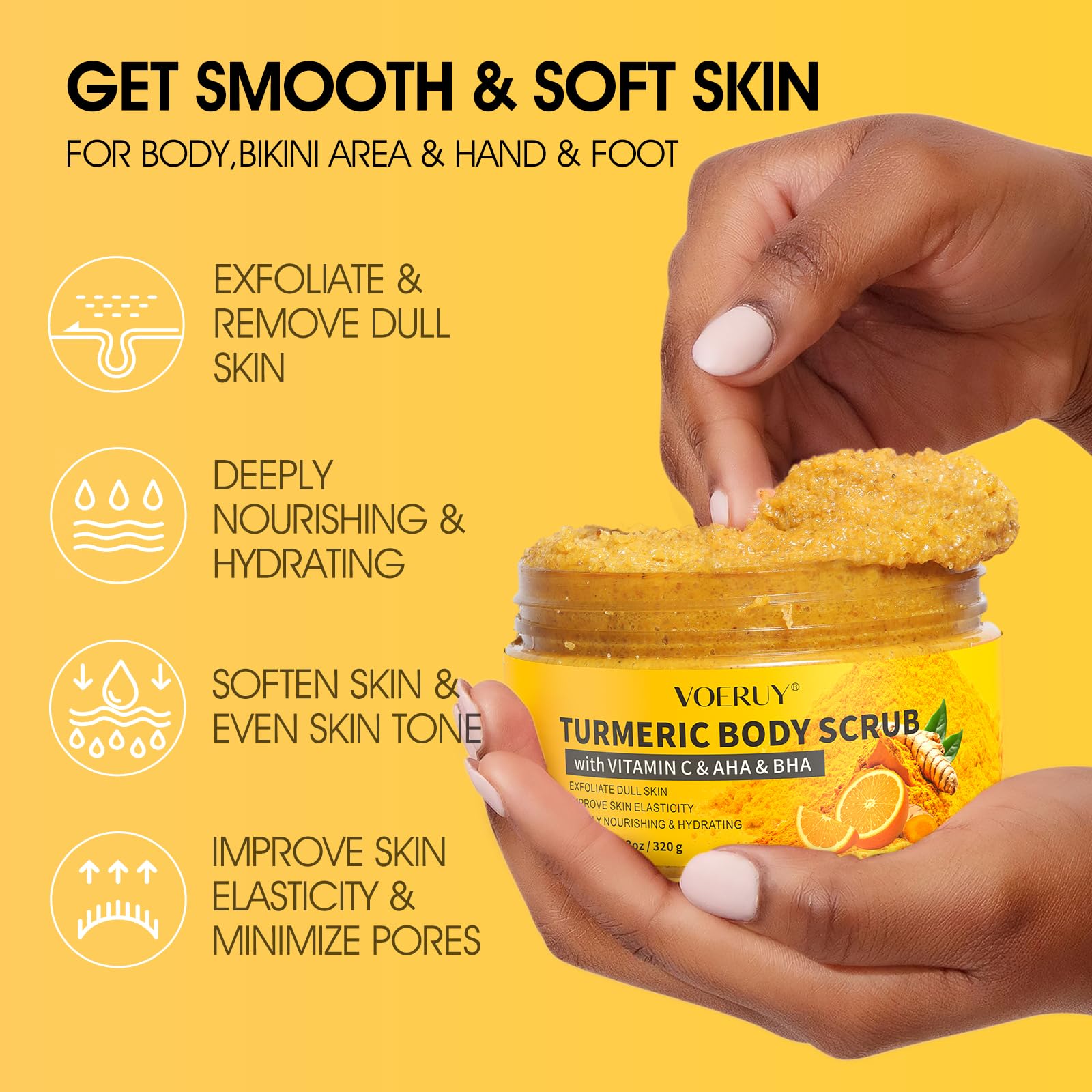 VOERUY Turmeric Body Scrub, 10% AHA - BHA & Vitamin C Exfoliating Body Scrub - VOERUY Official Product View 4