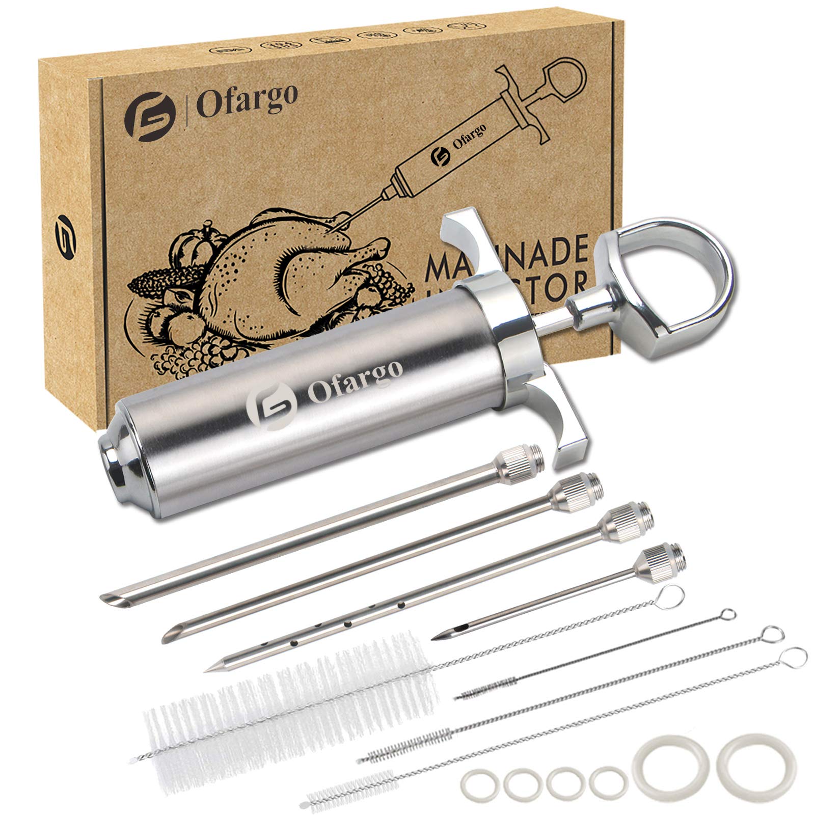 Ofargo Stainless Steel Meat Injector Syringe Kit with 4 Marinade - Product Imagery