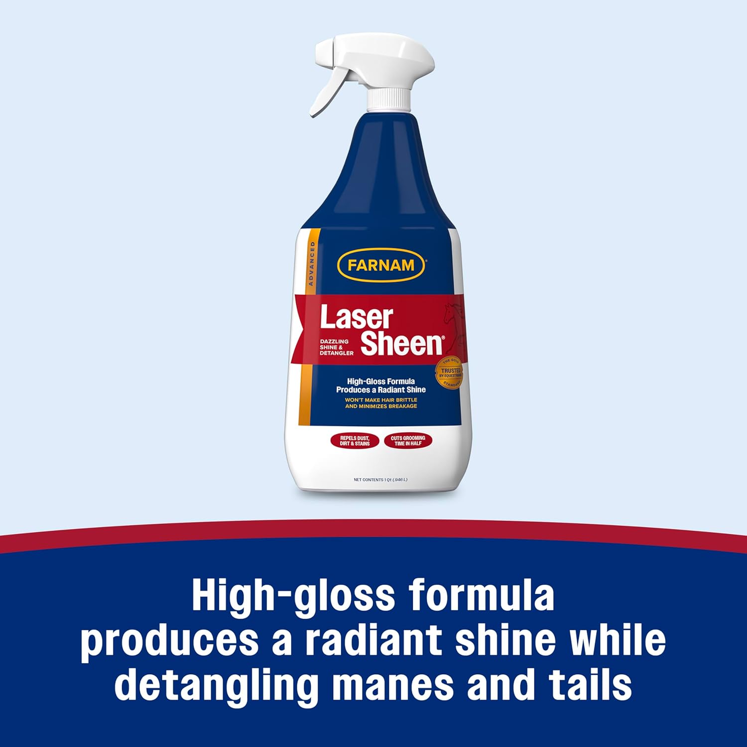 Farnam Laser Sheen Dazzling Shine and Detangler spray for horses, 32 ounces, glossy coat, repels dirt and stains, ready-to-use spray