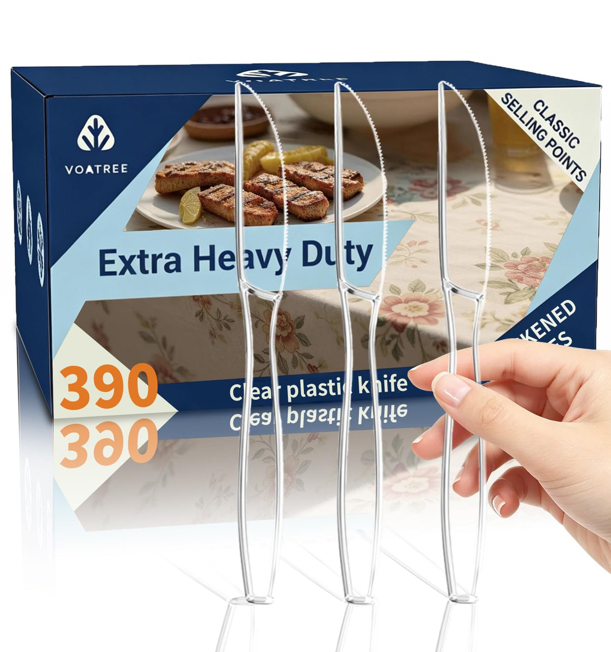 390 Count Extra Heavy Duty Clear Plastic Knives Disposable - Voatree Official Imagery - 1