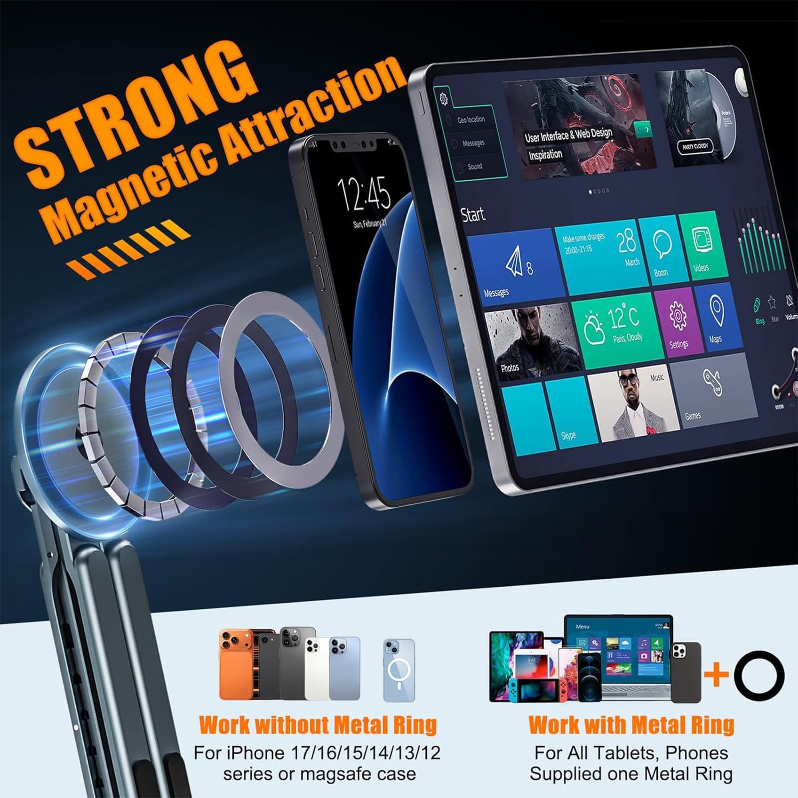 MaTekoty portable aluminum laptop stand with foldable design, adjustable height, magnetic phone holder, and orange color on desk.