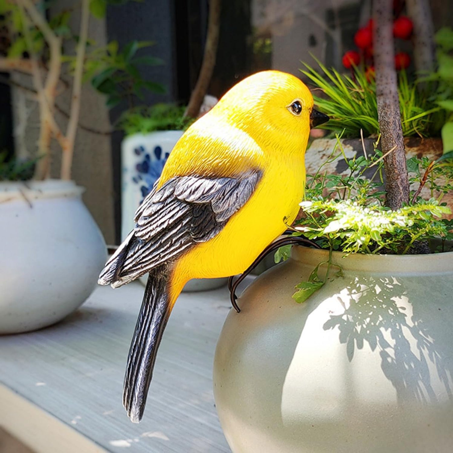 Yellow garden bird statue flower pot hugger by JARPSIRY, 6.7 inches tall, outdoor decor for trees with detailed bird and flower design.