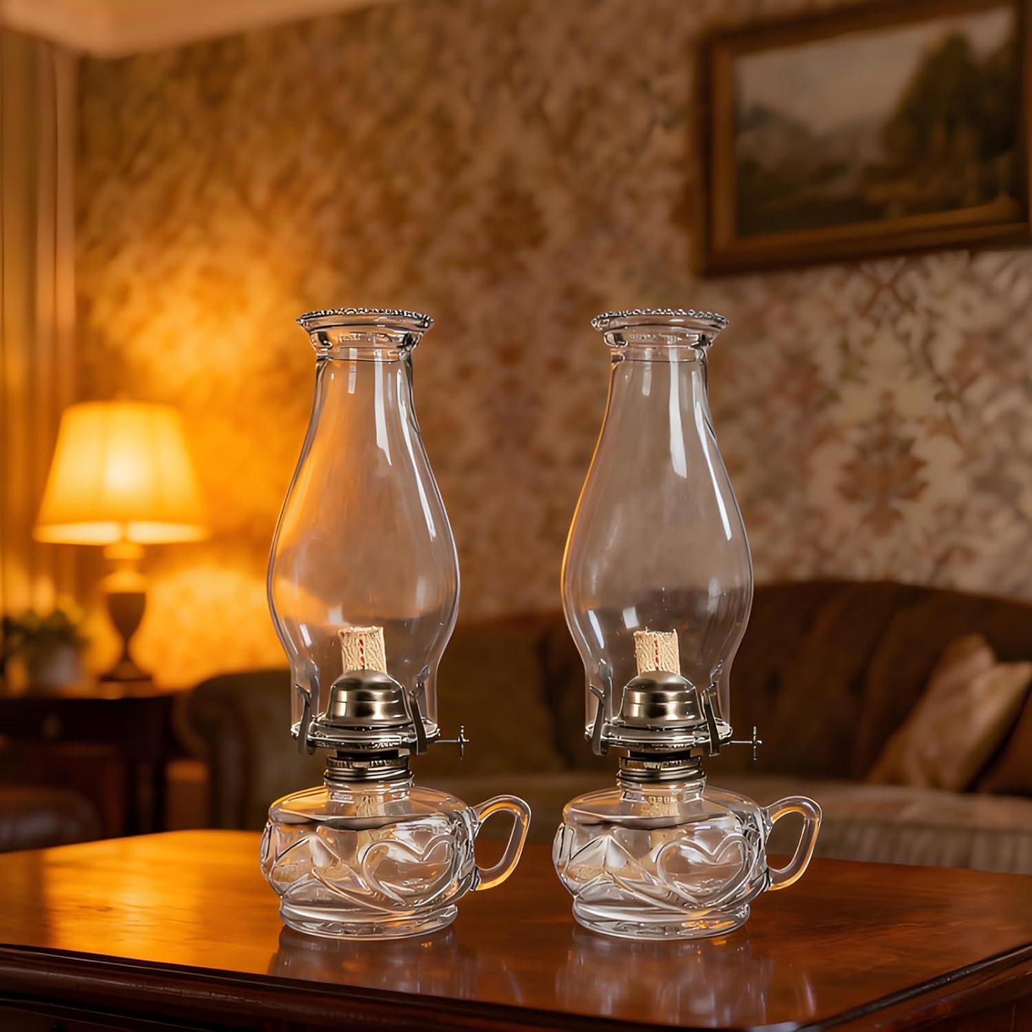 Two clear vintage glass lantern chamber lamps, 12-inch size, with intricate design and metal accents by ZAVOOS.