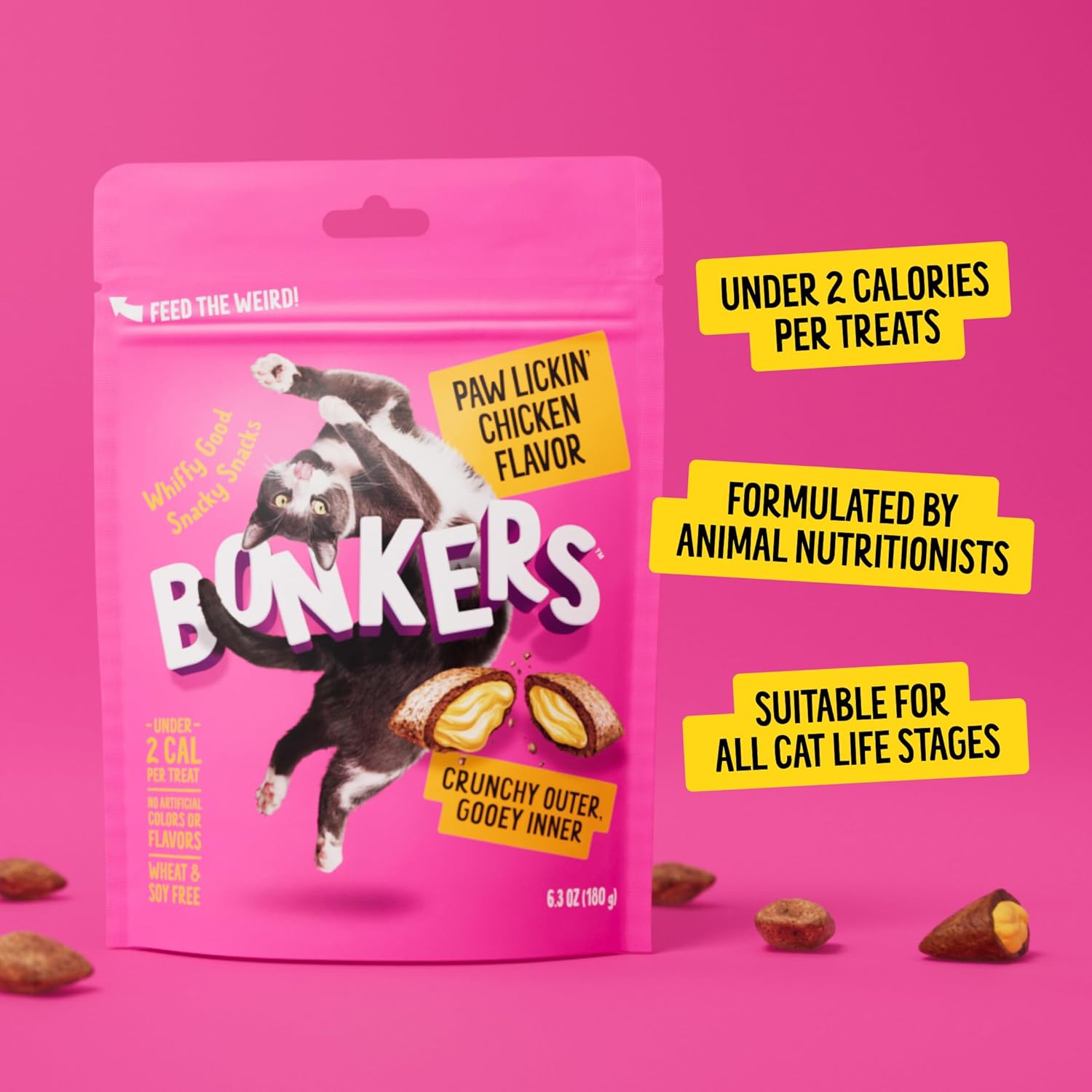 Bonkers Cat Treats Paw Lickin' Chicken Flavor 6.3 oz container with treats for training cats, featuring paw print design.