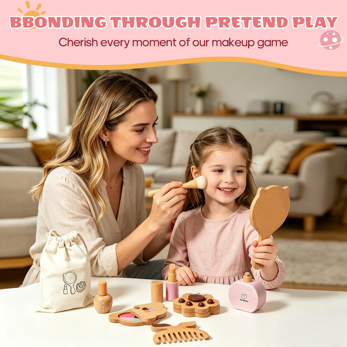 Brownroot Wooden Pretend Makeup Kit Toy Set for Girls with - BROWNROOT Official Imagery - 3