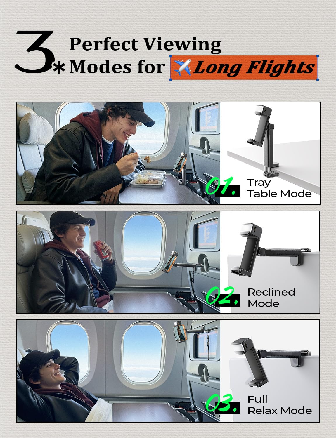 LISEN airplane travel LED phone stand holder on desk, with built-in lighting for long flights, compatible with kids and adults.
