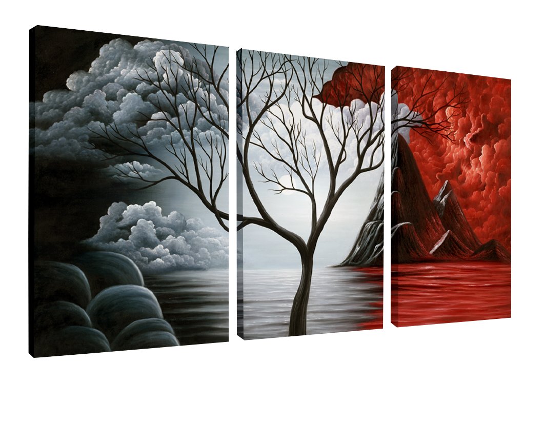 Three-panel Wieco Art modern giclee canvas prints featuring an abstract cloud tree artwork for home decor.