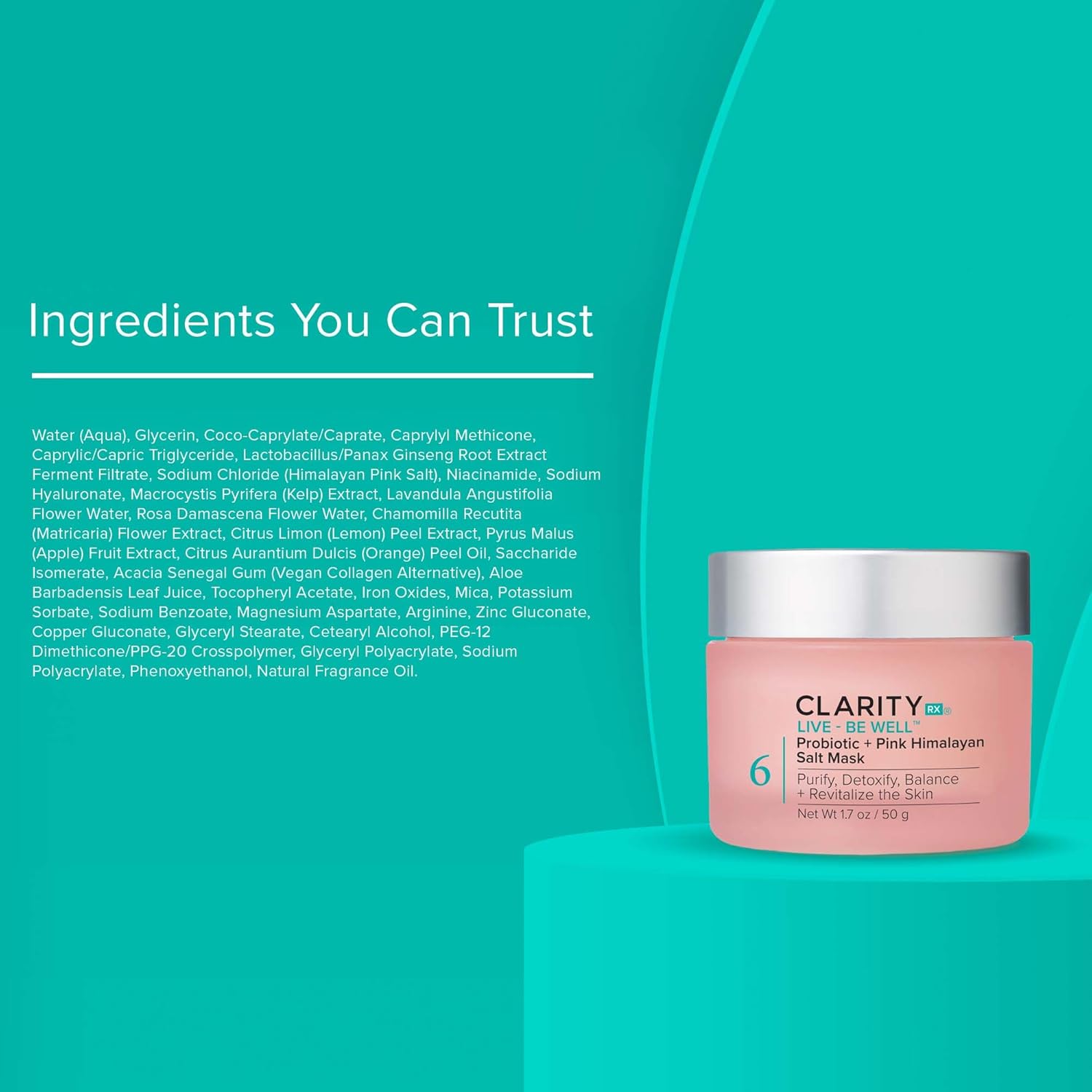 ClarityRx Live + Be Well probiotic and pink Himalayan salt face mask in a jar, showcasing the skincare product with a pink salt texture