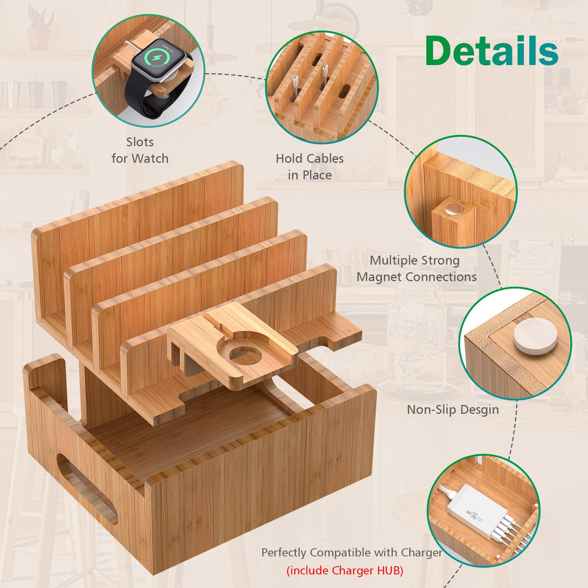 Bamboo Charging Station with USB Charger 5Cables Natural - Pezin & Hulin Official Imagery - 4