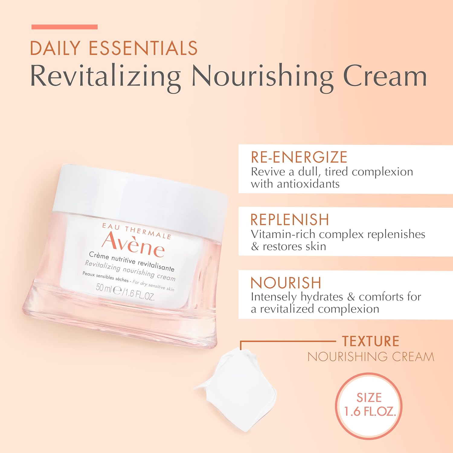 Avène Revitalizing Nourishing Face Cream in 1.6 fl oz container, hydrates and nourishes skin, non-comedogenic moisturizer.