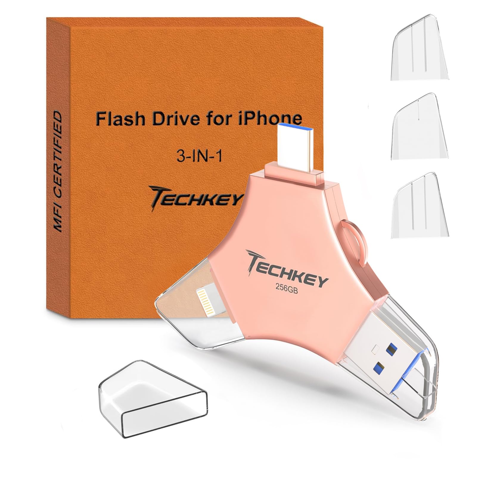 Techkey USB Flash Drive for iPhone/iPad, MFi Certified 3in1, 256G by Techkey - Angle View 10
