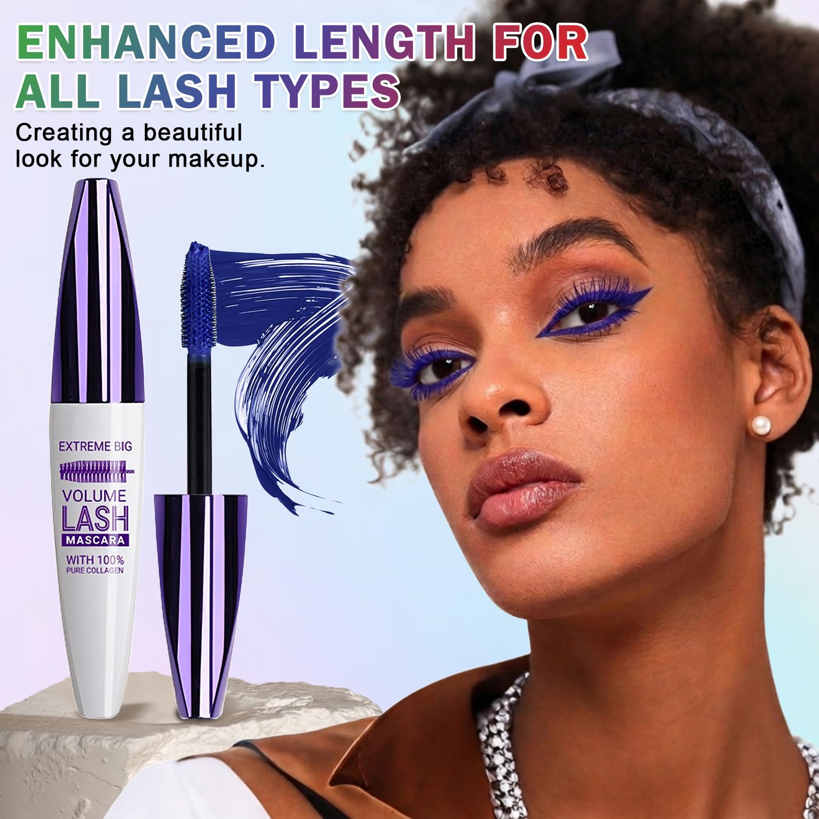 Rosawee 5D Blue Waterproof Mascara showing volumized, lengthened eyelashes with vibrant blue color and defined brush applicator.
