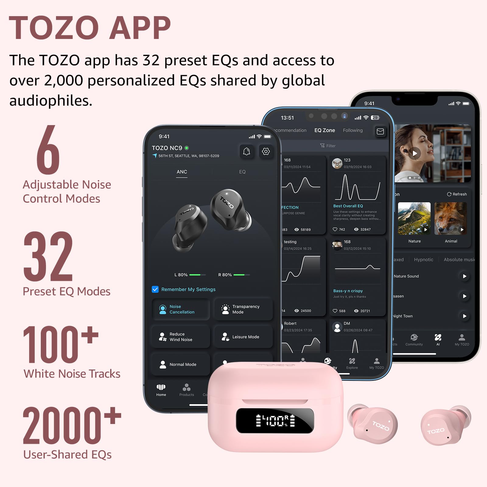 TOZO NC9 Hybrid Active Noise Cancelling Wireless Earbuds, 60H, LE - TOZO Official Product View 6