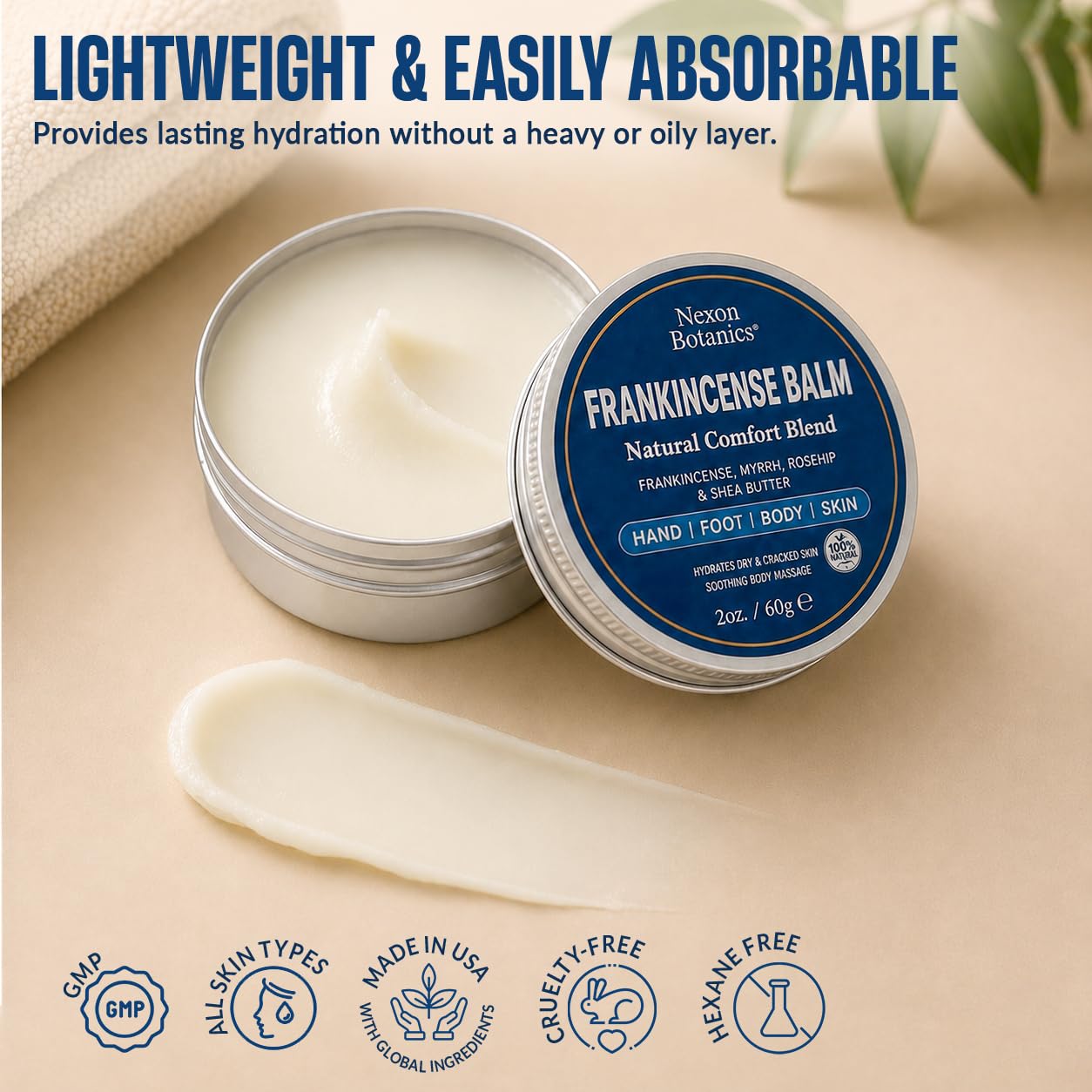 Nexon Botanics Frankincense & Myrrh skin moisturizer balm in a 2 fl oz jar with a natural botanical label.