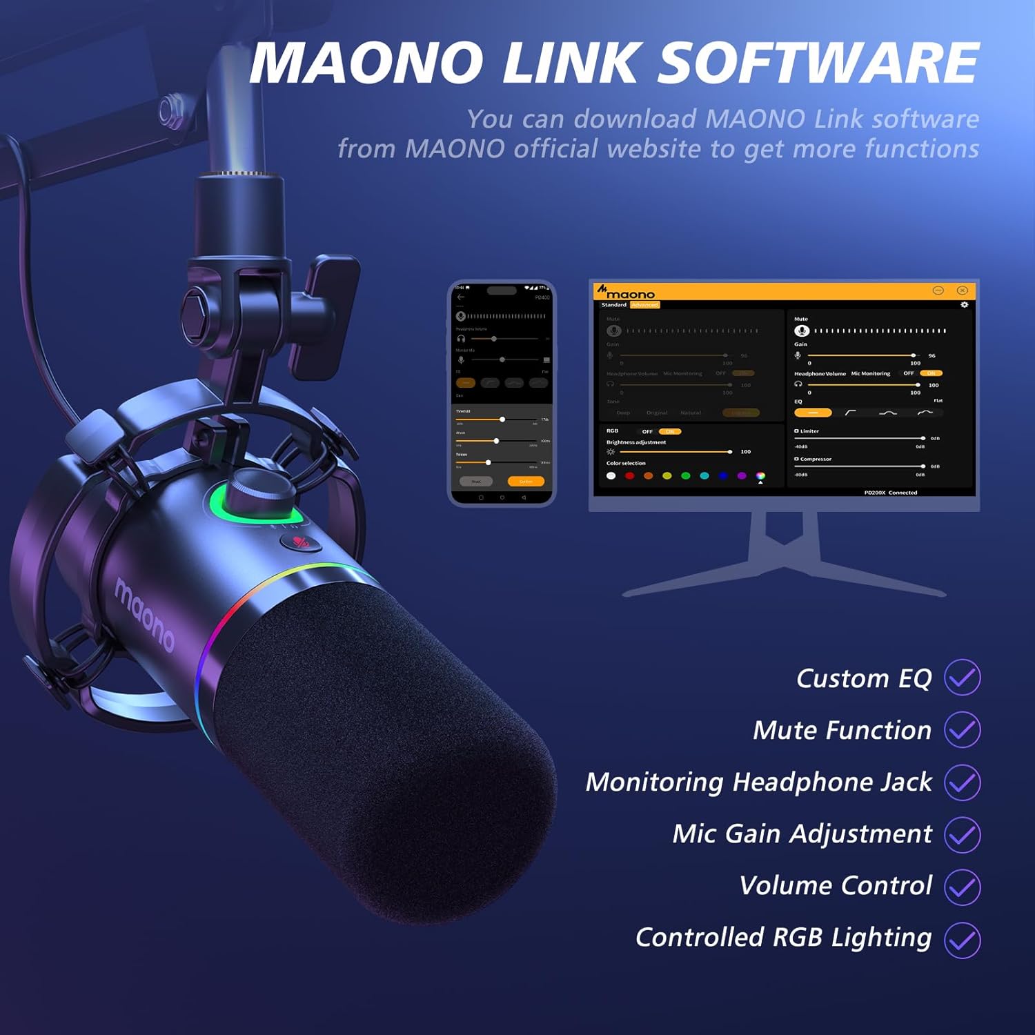 MAONO XLR/USB dynamic podcast microphone kit with RGB lighting and software for high-quality audio recording and streaming.