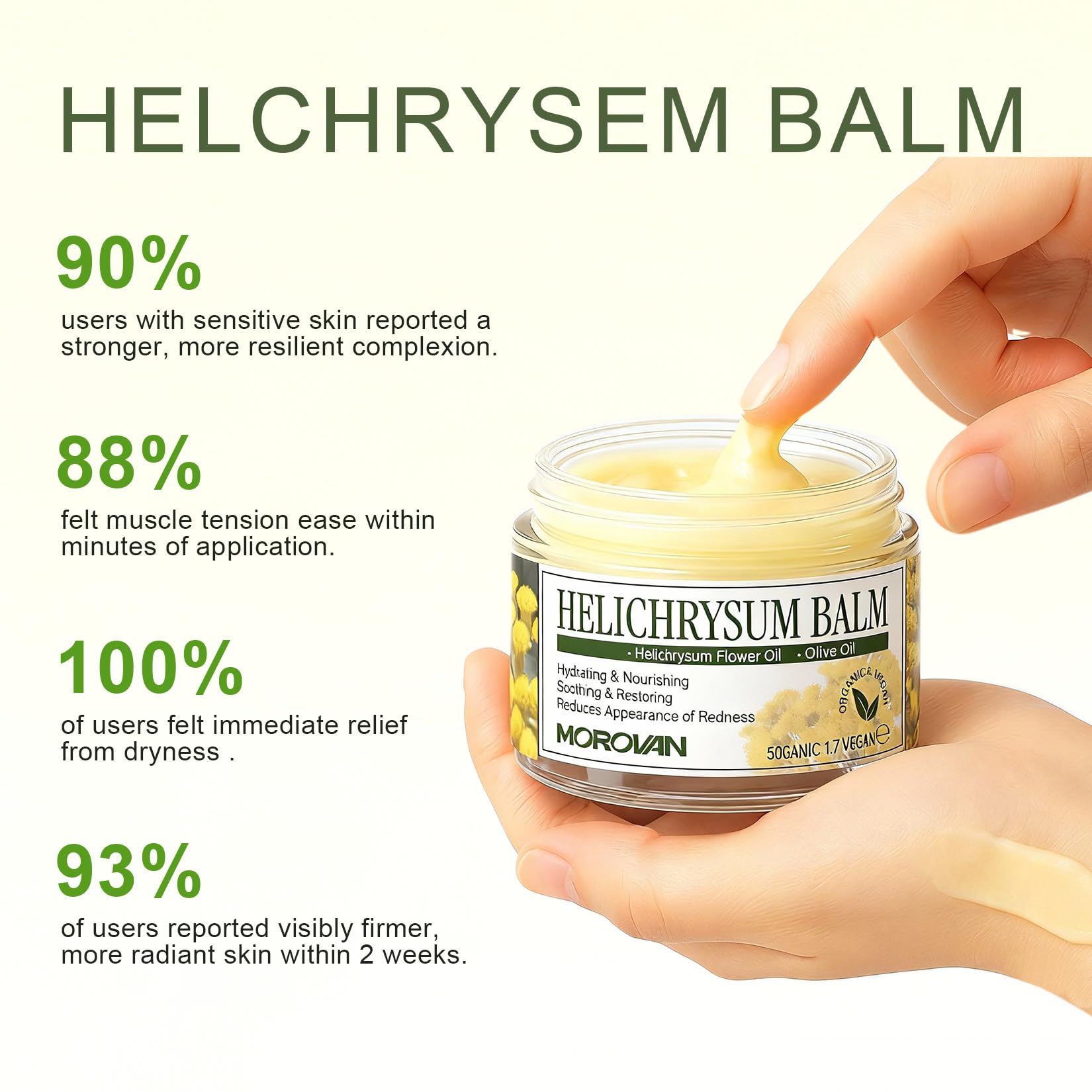 Morovan Helichrysum Bruise Balm moisturizer for skin and muscle relief, featuring a tube with herbal ingredients and soothing application.