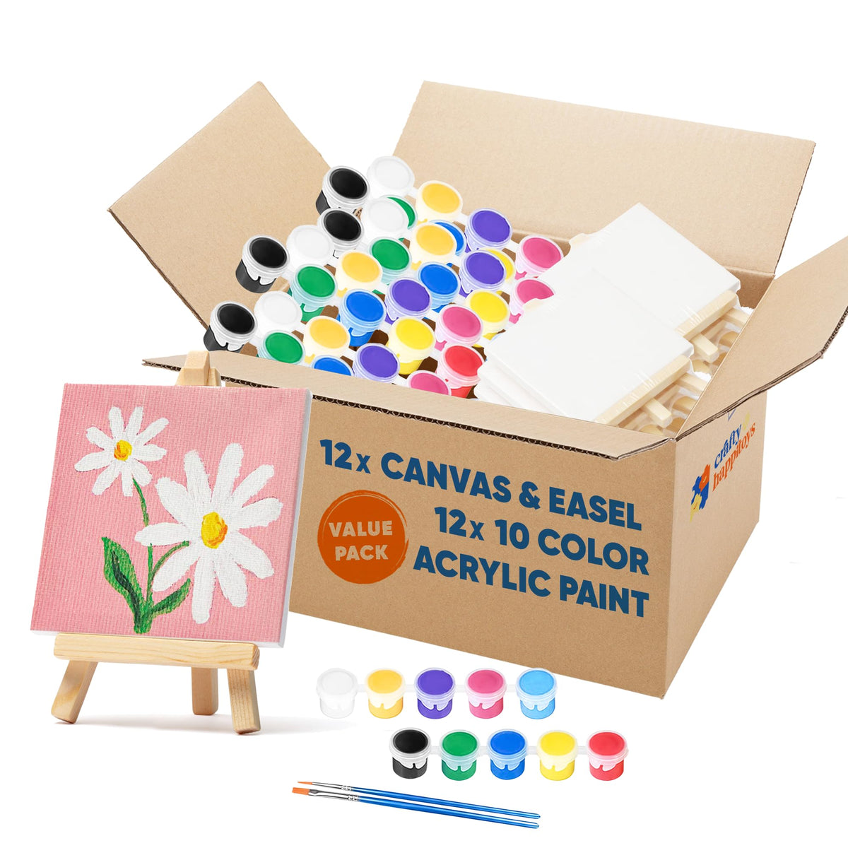 Set of 12 Mini 4x4 Canvas and Easel Set with 10 Colors - CRAFTY HAPPITOYS Official Imagery - 1