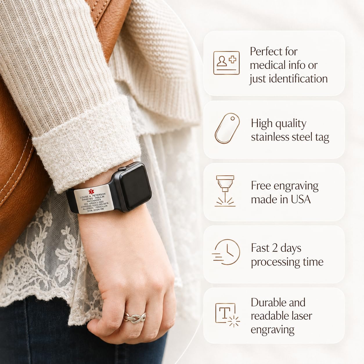 MIA·MIA Alert ID Tag for Watch Band, Laser Engraved Apple Watch Safety - View 4
