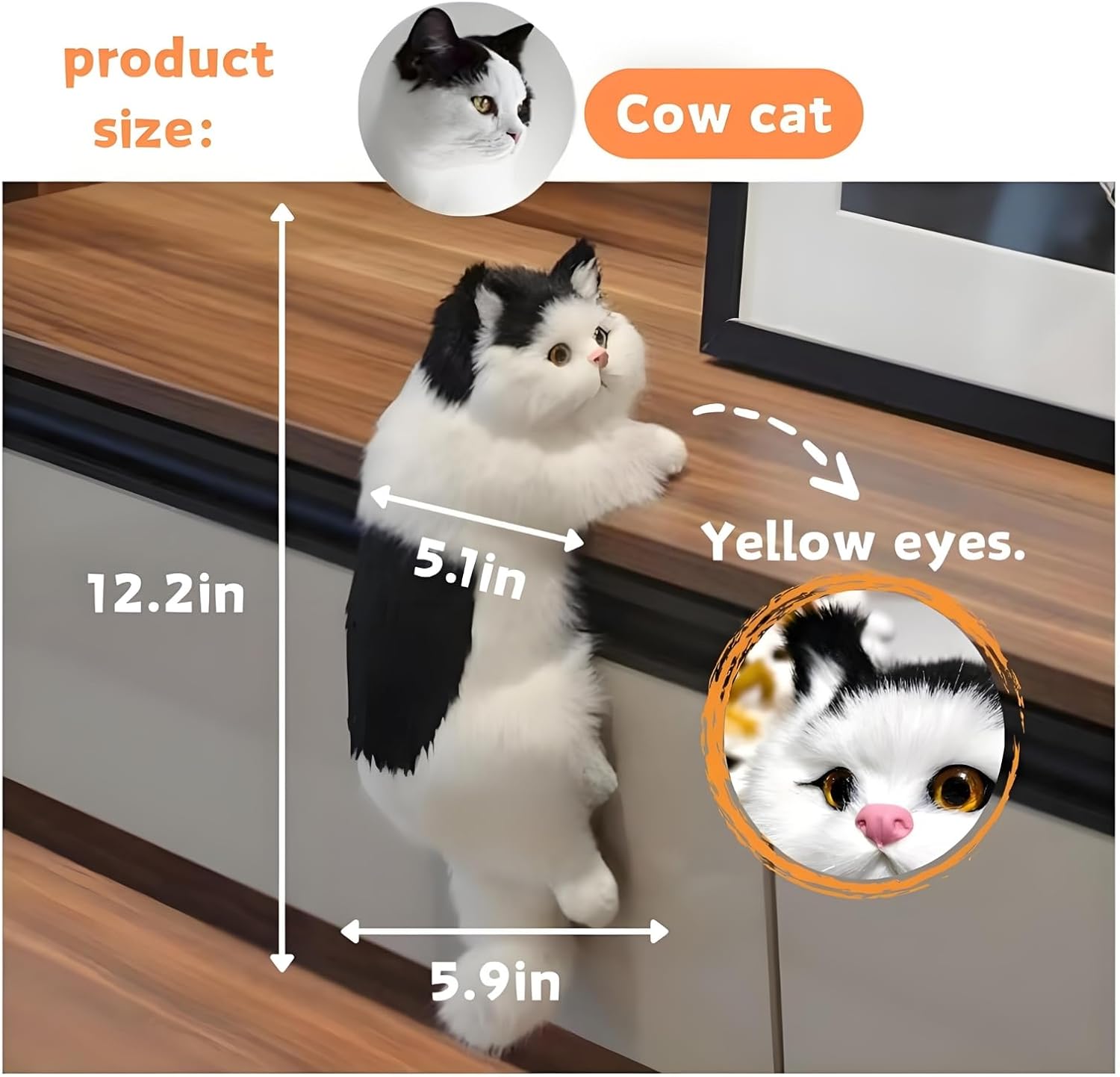 Realistic black and white furry cat figurine hanging as decoration or gift, made of soft simulation material.