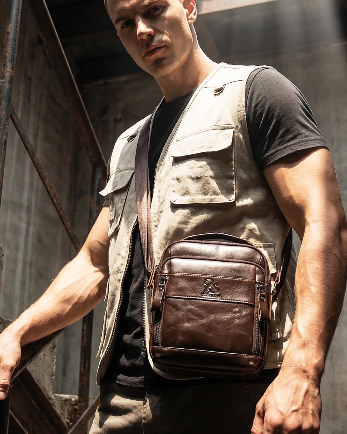Men s Cowhide Leather Crossbody Shoulder Bag Top Handle - STEELLION Official Imagery - 4