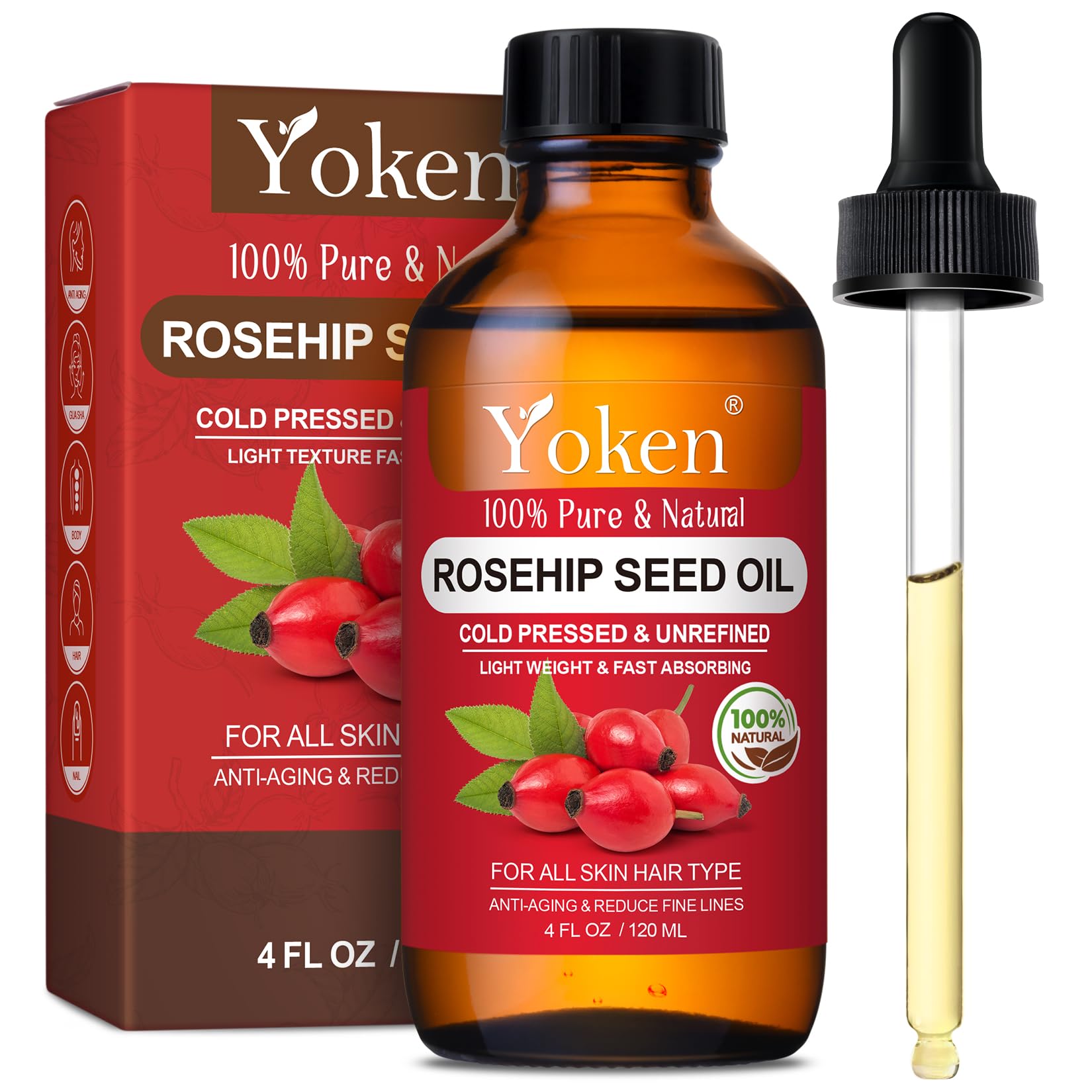 Yoken Cold Pressed Organic Rosehip Seed Oil for Face, Hair & Body, 4 fl oz - Yoken Official Product View 2