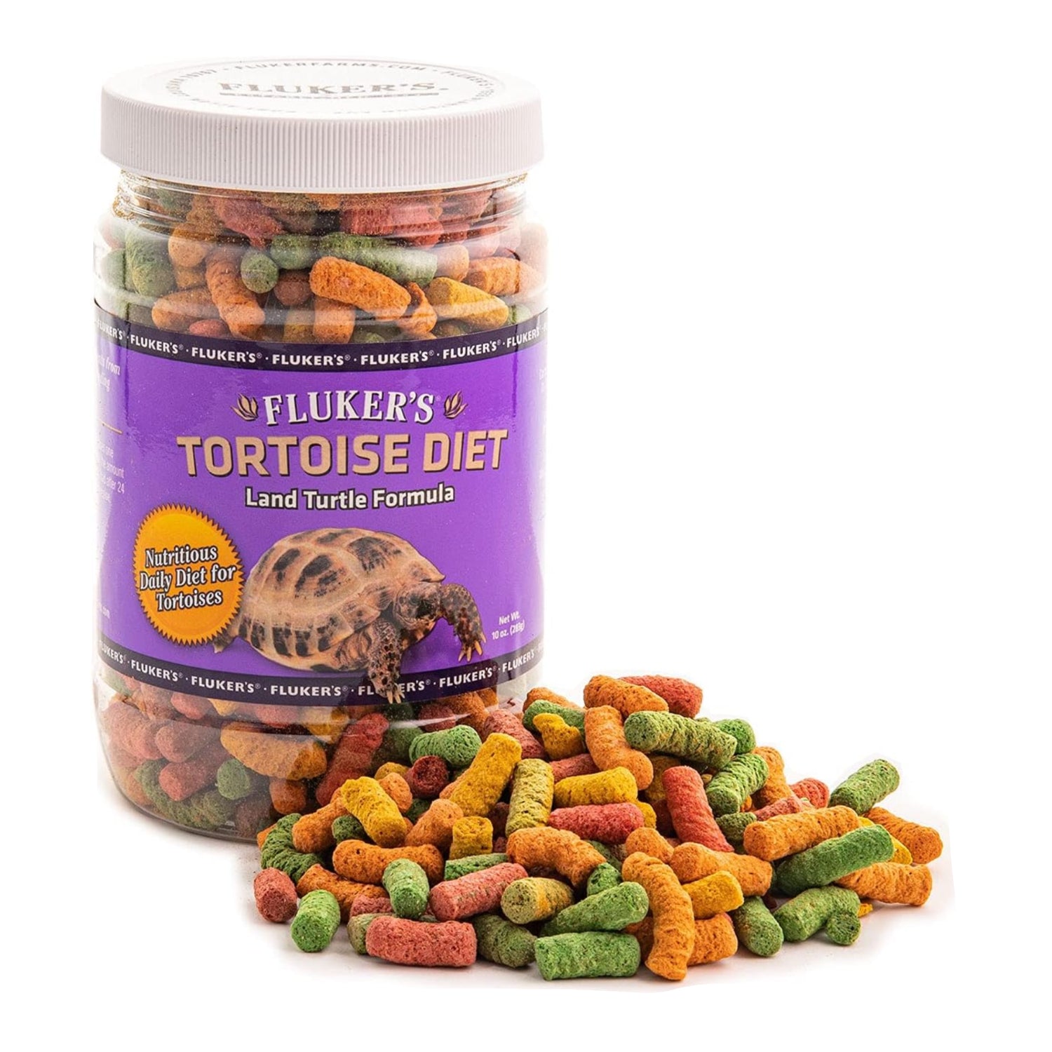 Fluker's Tortoise Diet large pellet food for land turtles, 3.5 lbs, showing the pellet texture and packaging.