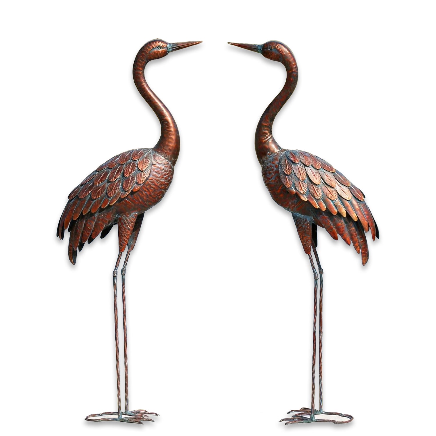 Two metal garden crane statues by chisheen, outdoor yard art sculptures for garden decor and decorative landscaping.