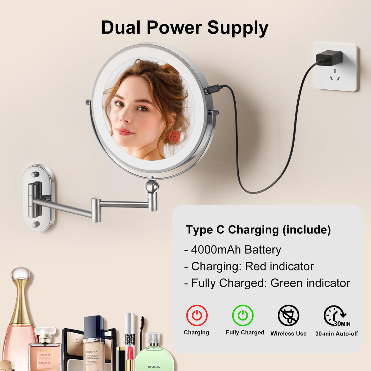 9 Wall Mounted Lighted Makeup Mirror 4000mAh Rechargeable - IMIKONA Official Imagery - 6