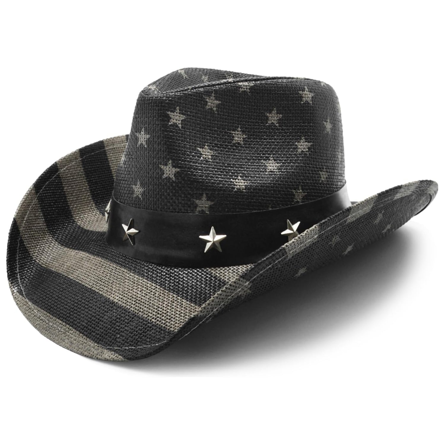 Vintage FLUFFY SENSE American flag cowboy hat with classic tea-stained western style and patriotic patriotic design.