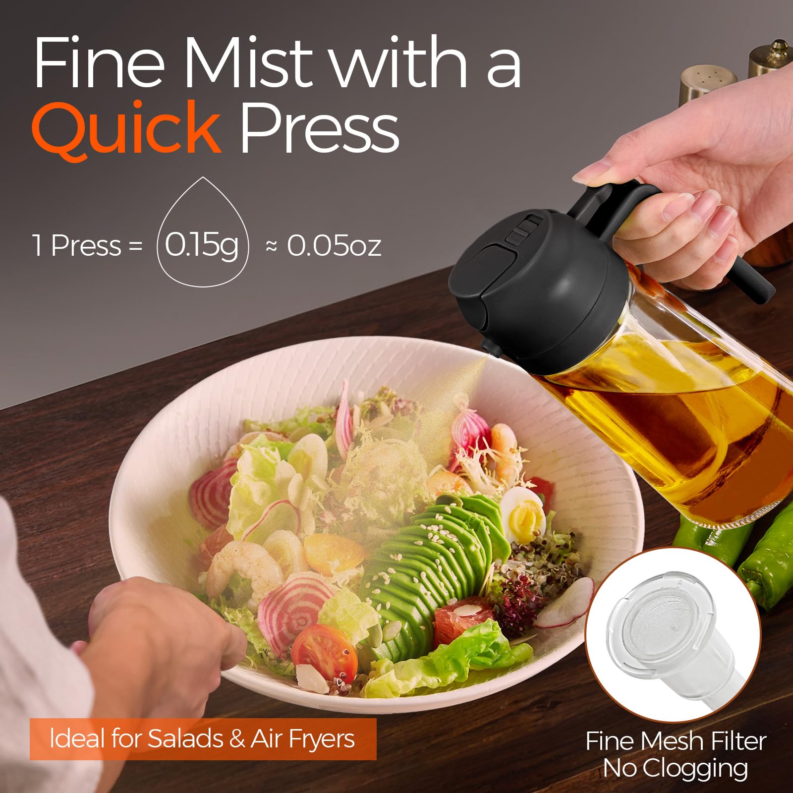 YARRAMATE 16 oz 2-in-1 Glass Olive Oil Sprayer for Cooking, Black - YARRAMATE Official Product View 4