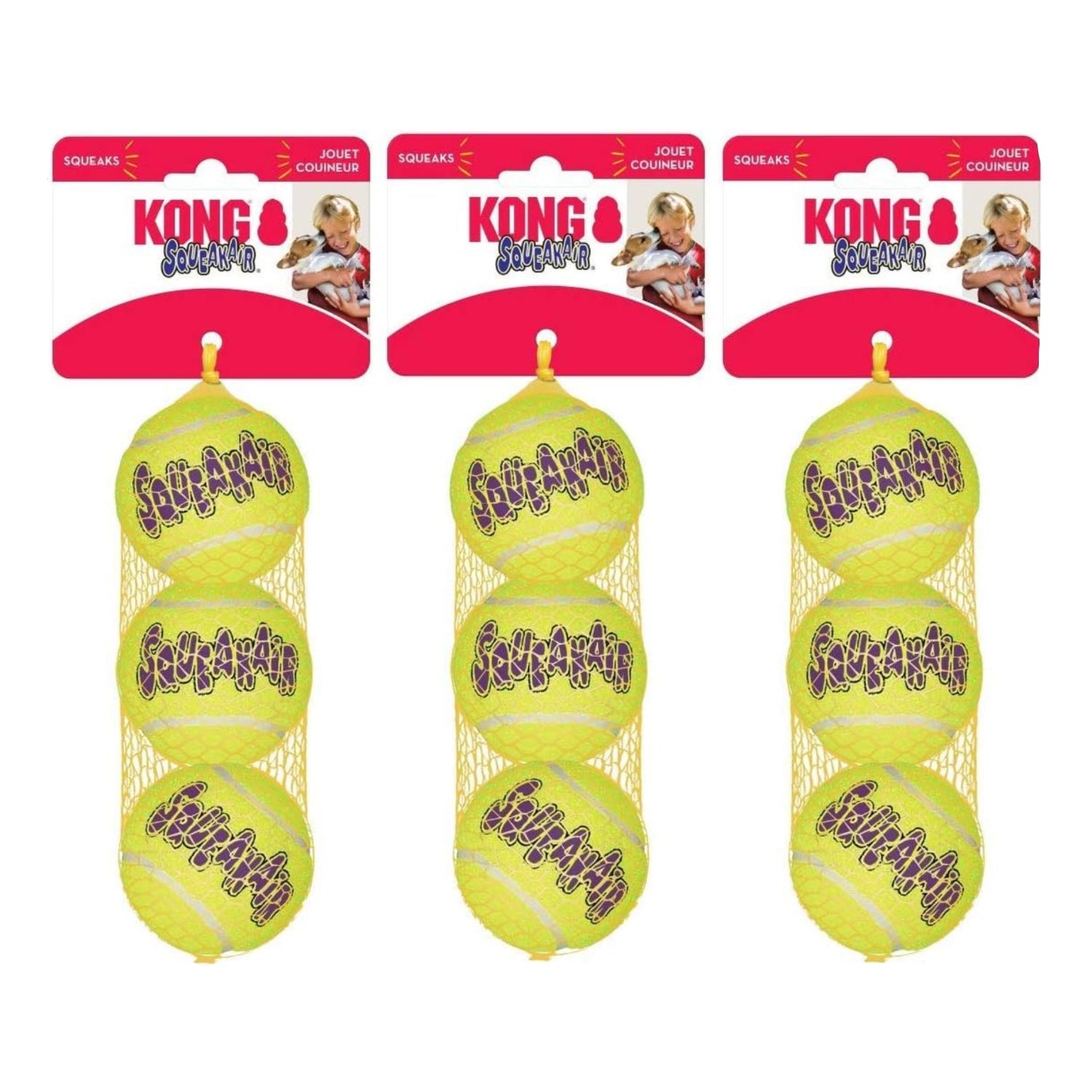 Nine medium KONG Squeakair tennis ball dog toys with bright yellow and green colors, perfect for fetch and play.