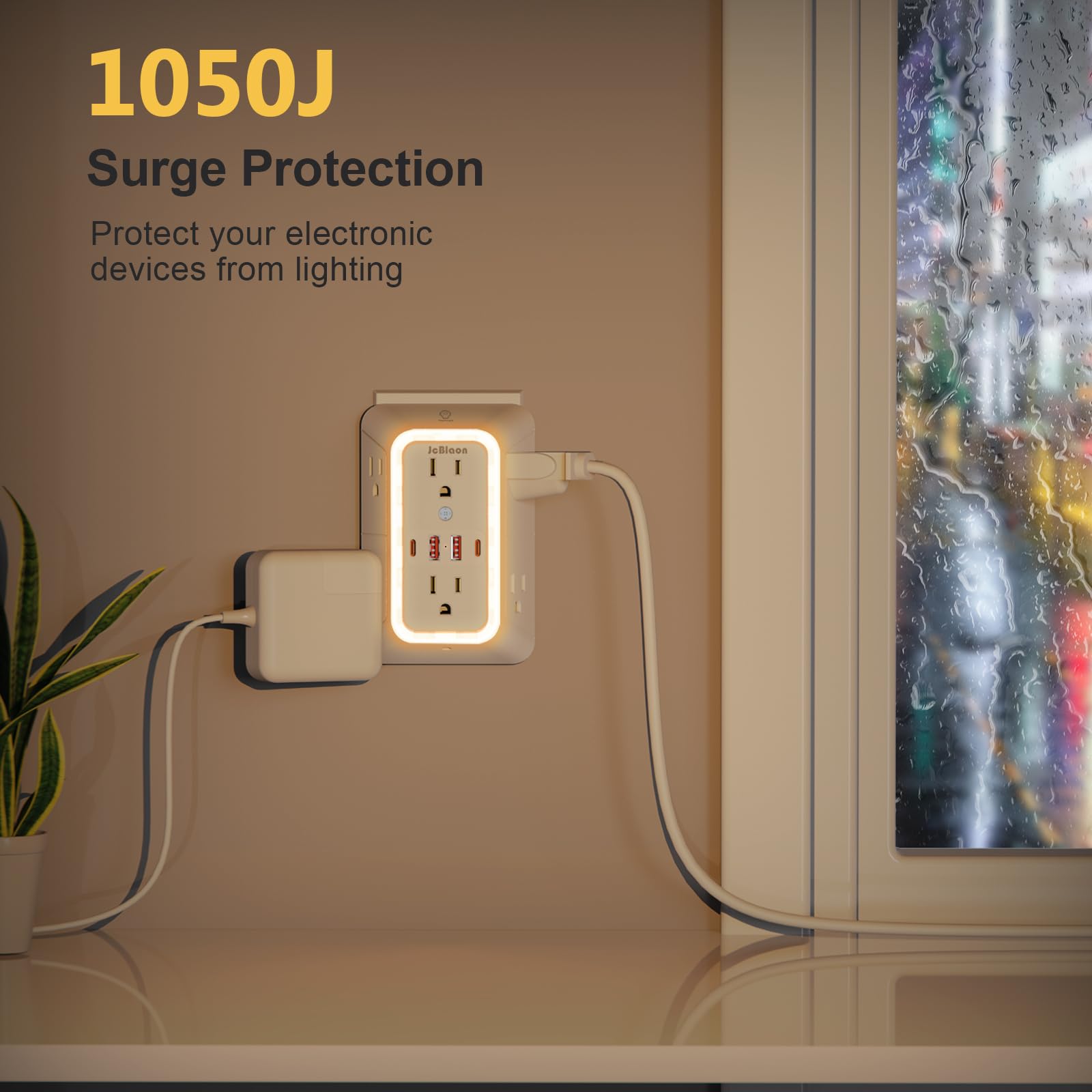 JcBlaon Wall Outlet Extender with Night Light, Power Plug Adapter by JcBlaon - Angle View 3