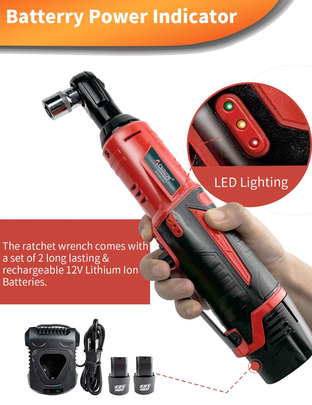 AOBEN Cordless Electric Ratchet Wrench Set 3 8 12V Power - AOBEN Official Imagery - 6