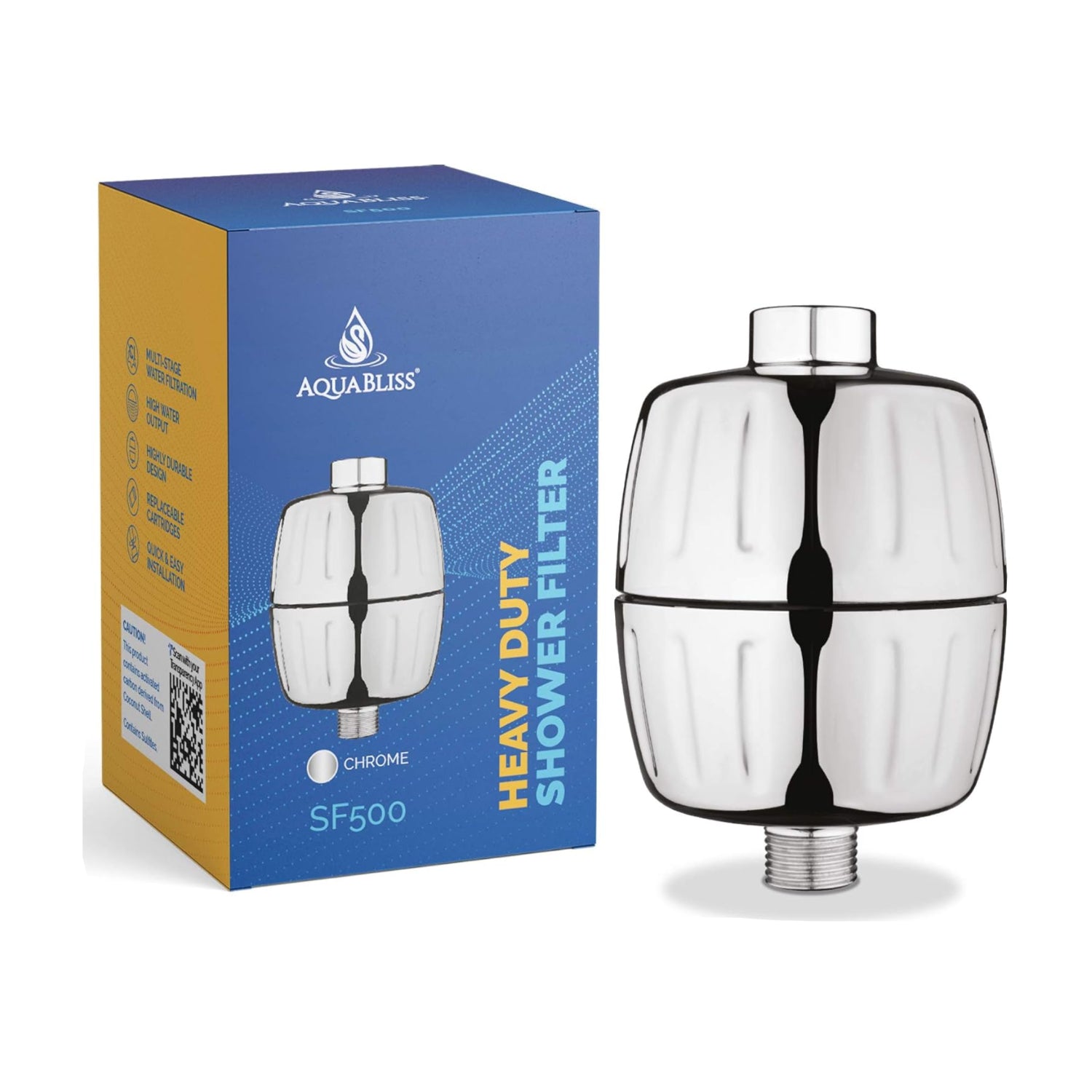 AquaBliss Heavy Duty Shower Filter attached to a shower head, showcasing its sleek design and filtration components for clean water.