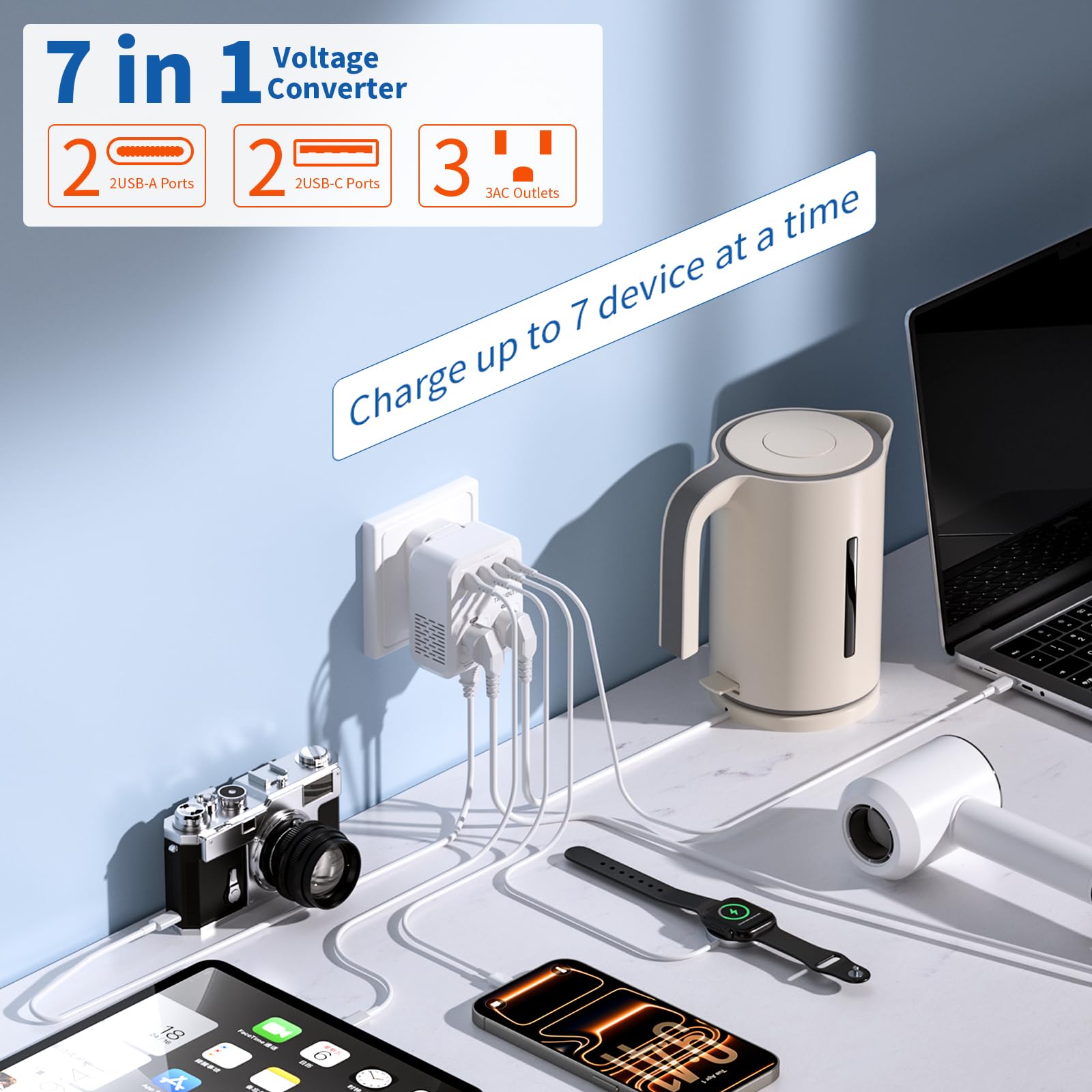 TREVOLTY 2000W voltage converter for hair dryers and electronics, white 7-in-1 US to Europe travel power converter with multiple ports