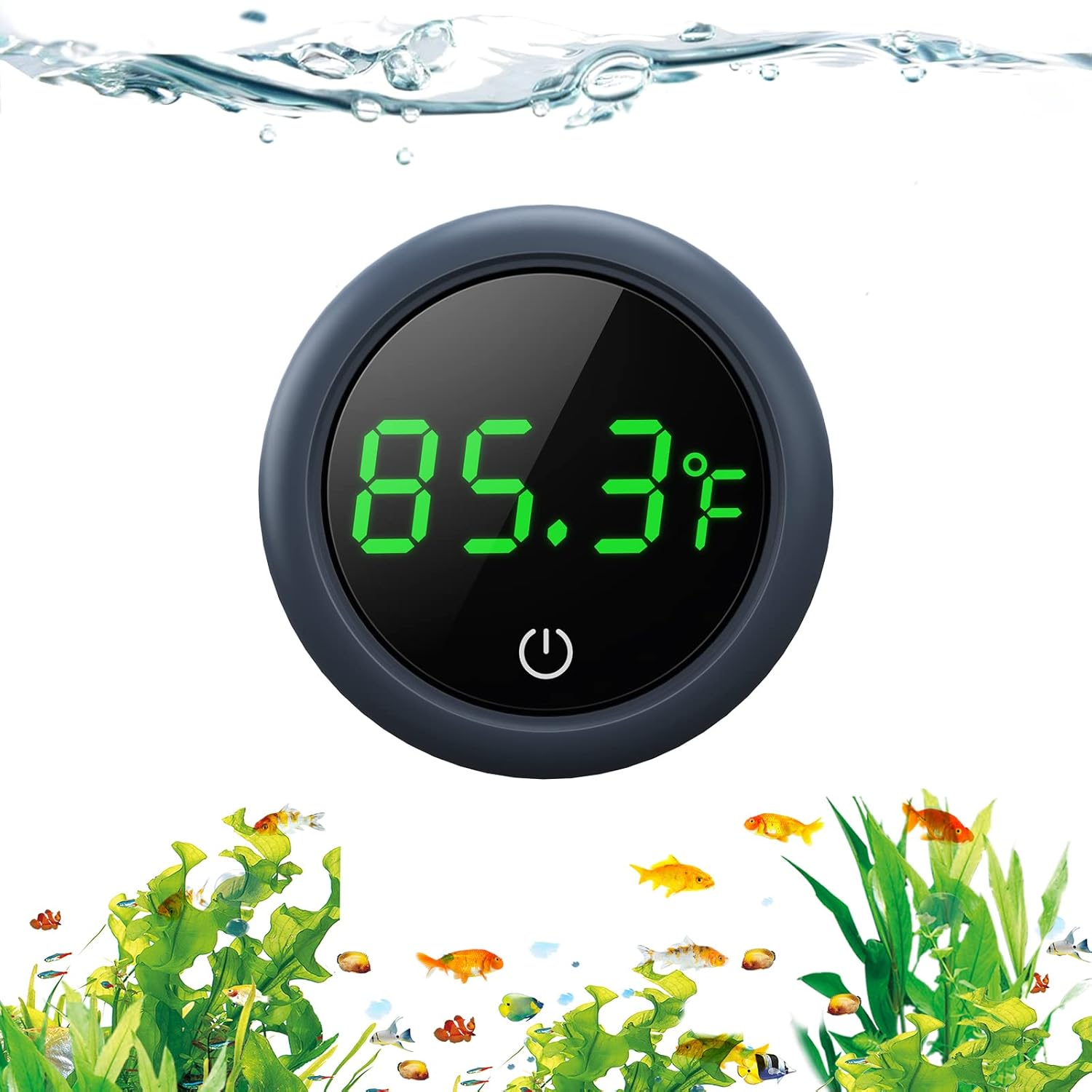 PAIZOO digital fish tank thermometer with LED display showing water temperature in Fahrenheit, precise to ±0.9°F